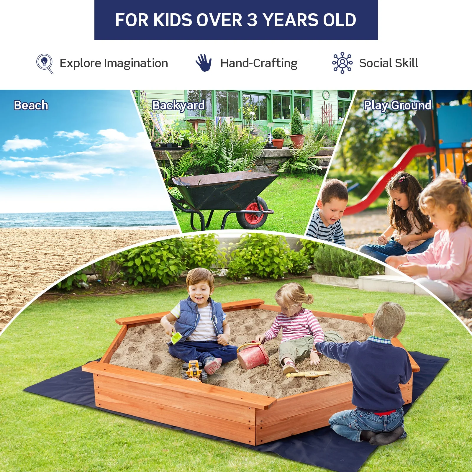Hexagon Wooden Cedar Sand Box with Seat Boards - Image 6