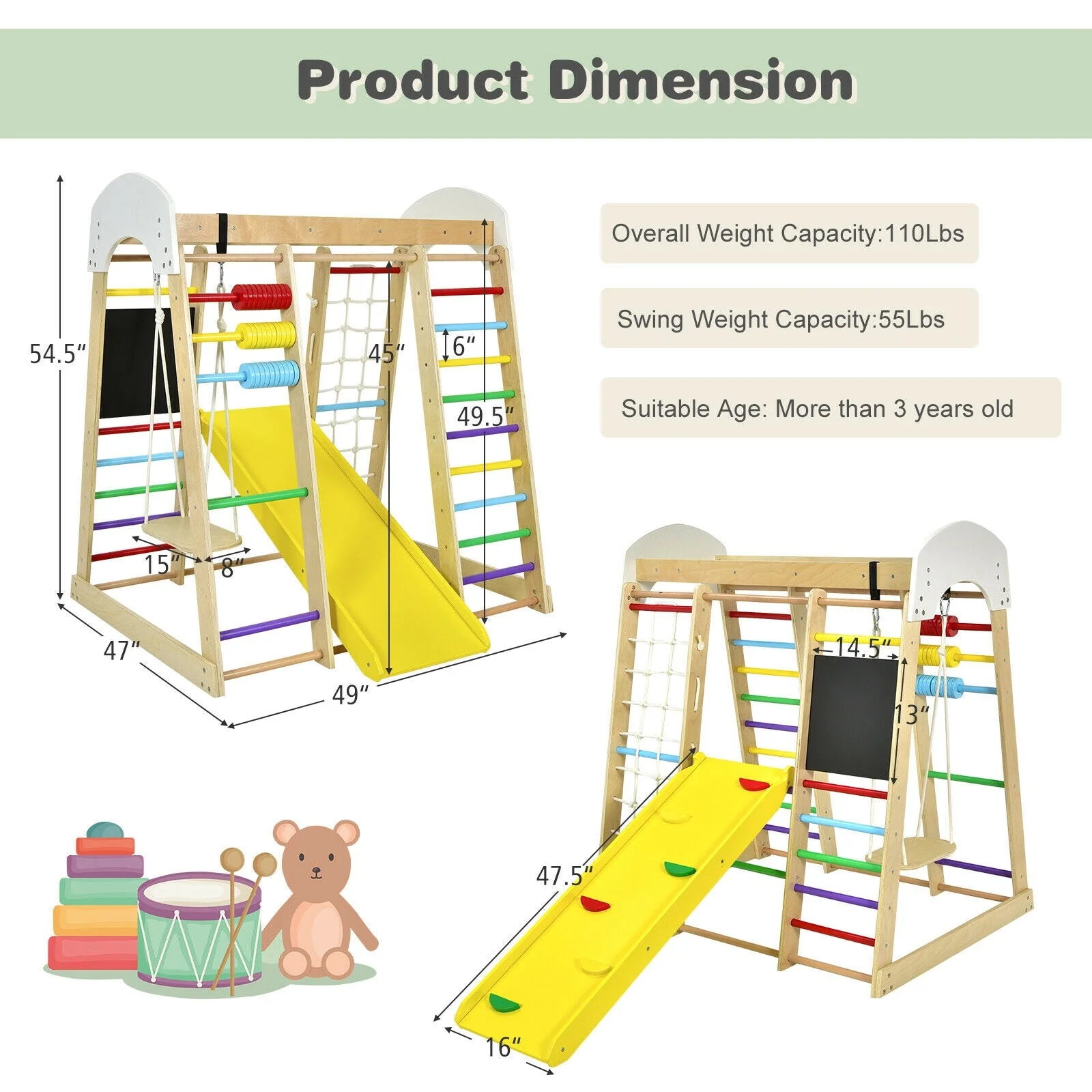 Indoor Playground Climbing Gym Wooden 8-in-1 Climber Playset for Children-Multicolor - Image 5