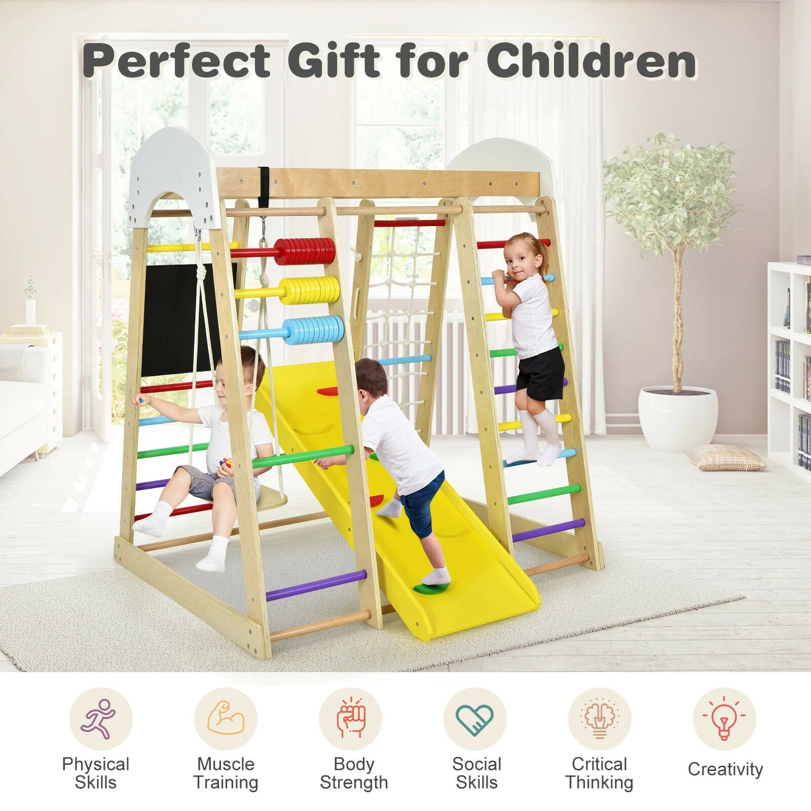 Indoor Playground Climbing Gym Wooden 8-in-1 Climber Playset for Children-Multicolor - Image 6