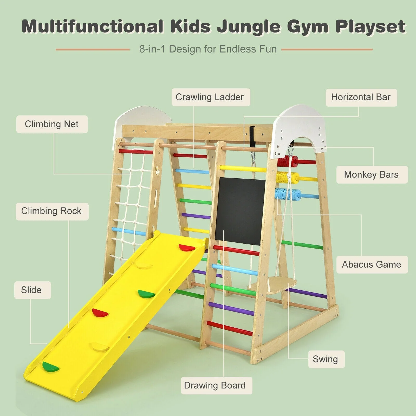 Indoor Playground Climbing Gym Wooden 8-in-1 Climber Playset for Children-Multicolor - Image 7