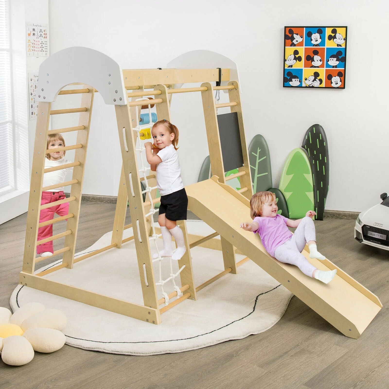 Indoor Playground Climbing Gym Wooden 8-in-1 Climber Playset for Children-Natural - Image 2