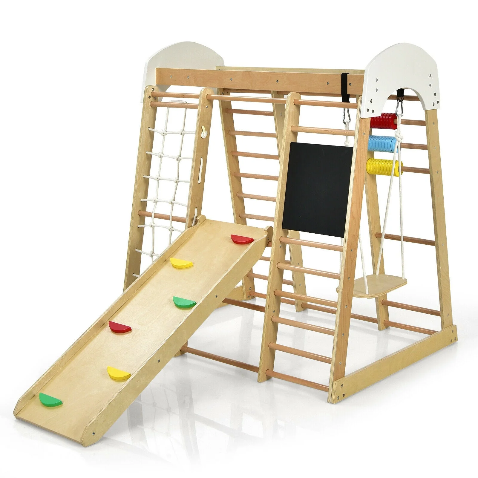 Indoor Playground Climbing Gym Wooden 8-in-1 Climber Playset for Children-Natural - Image 4
