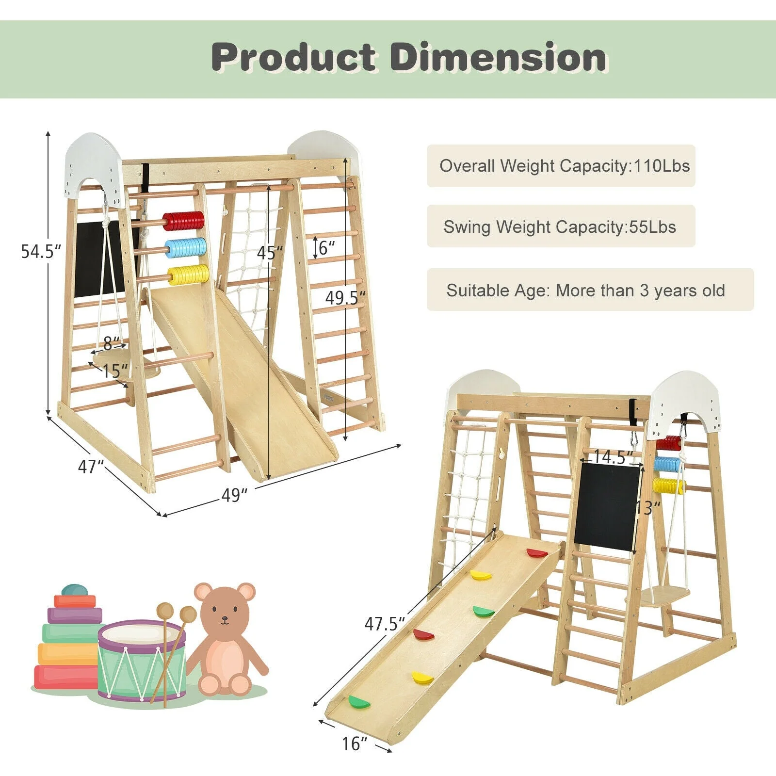 Indoor Playground Climbing Gym Wooden 8-in-1 Climber Playset for Children-Natural - Image 5