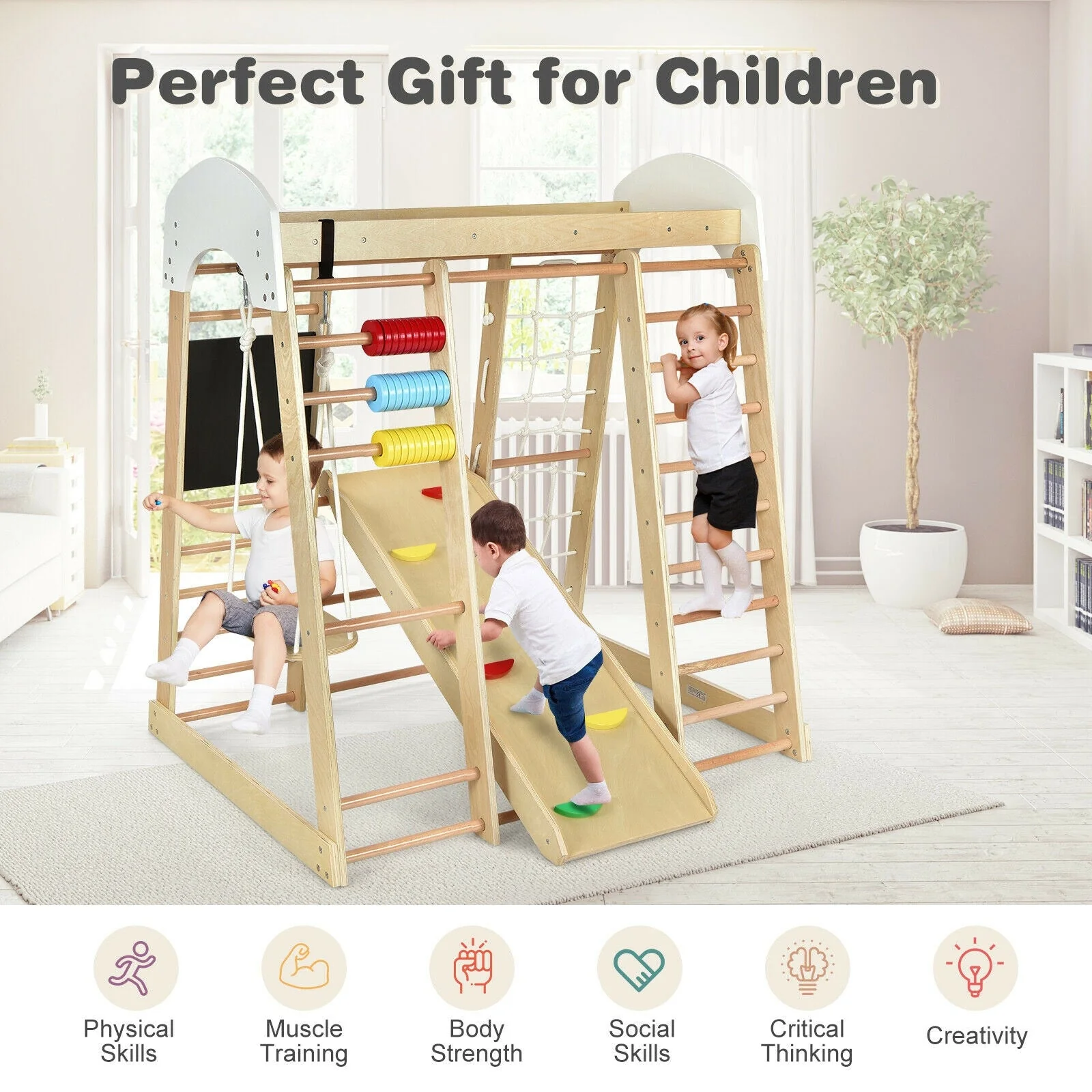 Indoor Playground Climbing Gym Wooden 8-in-1 Climber Playset for Children-Natural - Image 6