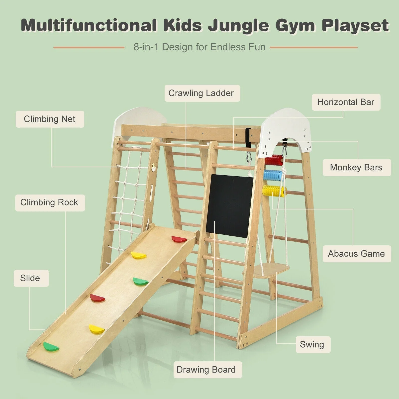 Indoor Playground Climbing Gym Wooden 8-in-1 Climber Playset for Children-Natural - Image 7