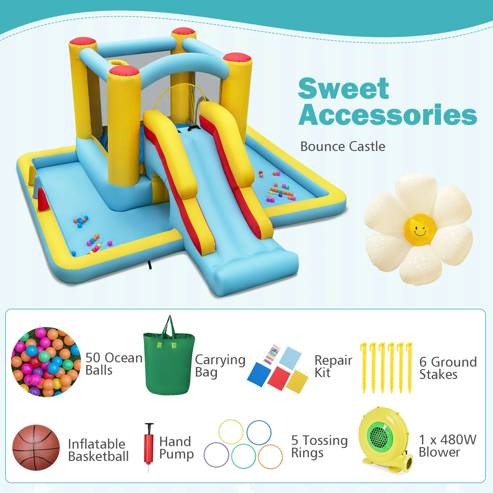 Inflatable Bounce House 7-in-1 Bouncy Castle with Slide and Tunnel with 480W Blower - Image 6