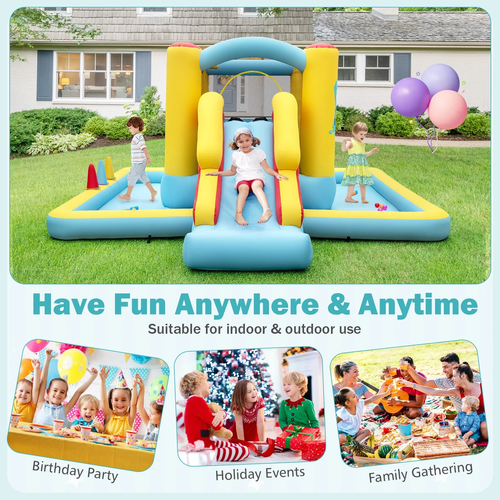 Inflatable Bounce House 7-in-1 Bouncy Castle with Slide and Tunnel with 480W Blower - Image 8