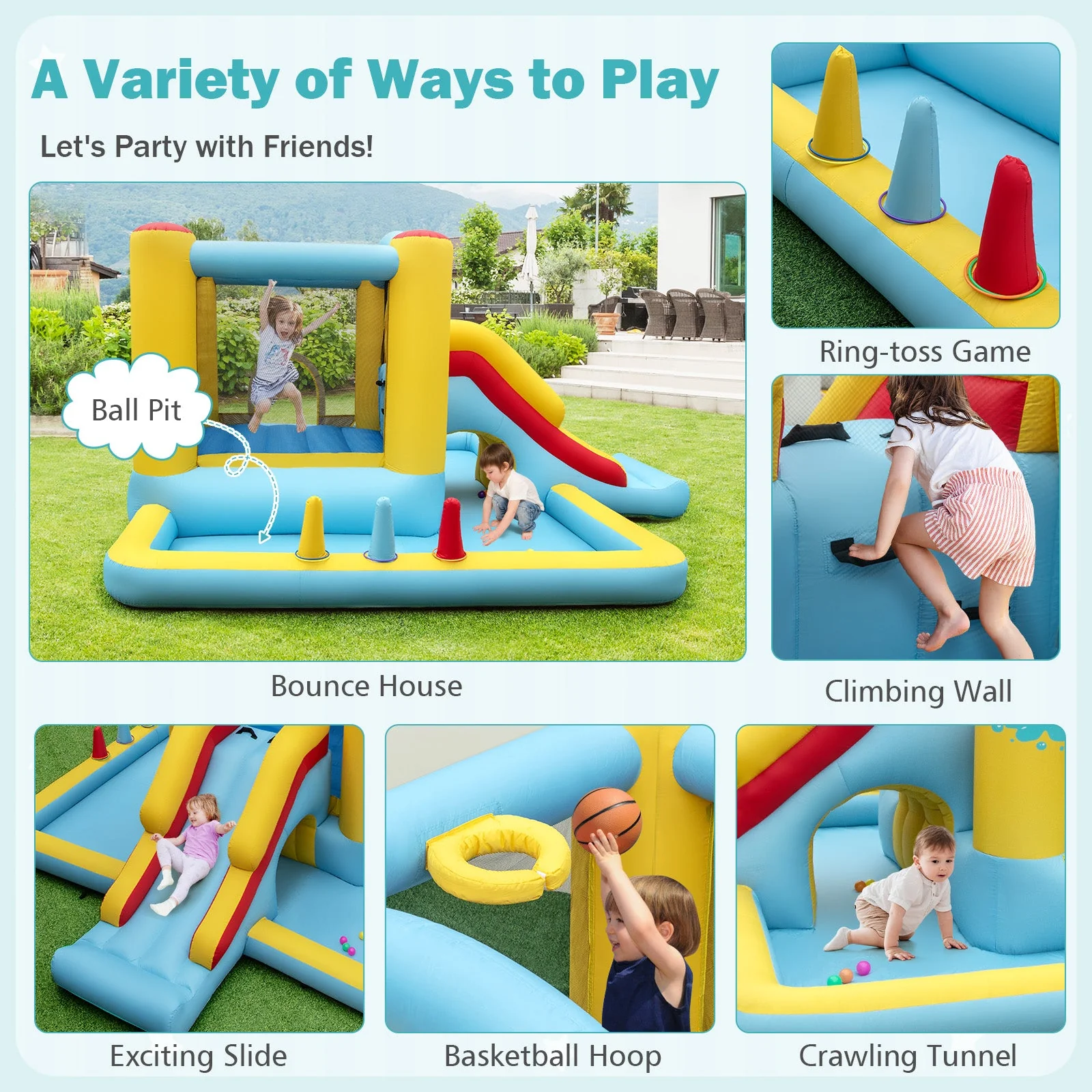 Inflatable Bounce House 7-in-1 Bouncy Castle with Slide and Tunnel with 550W Blower - Image 7