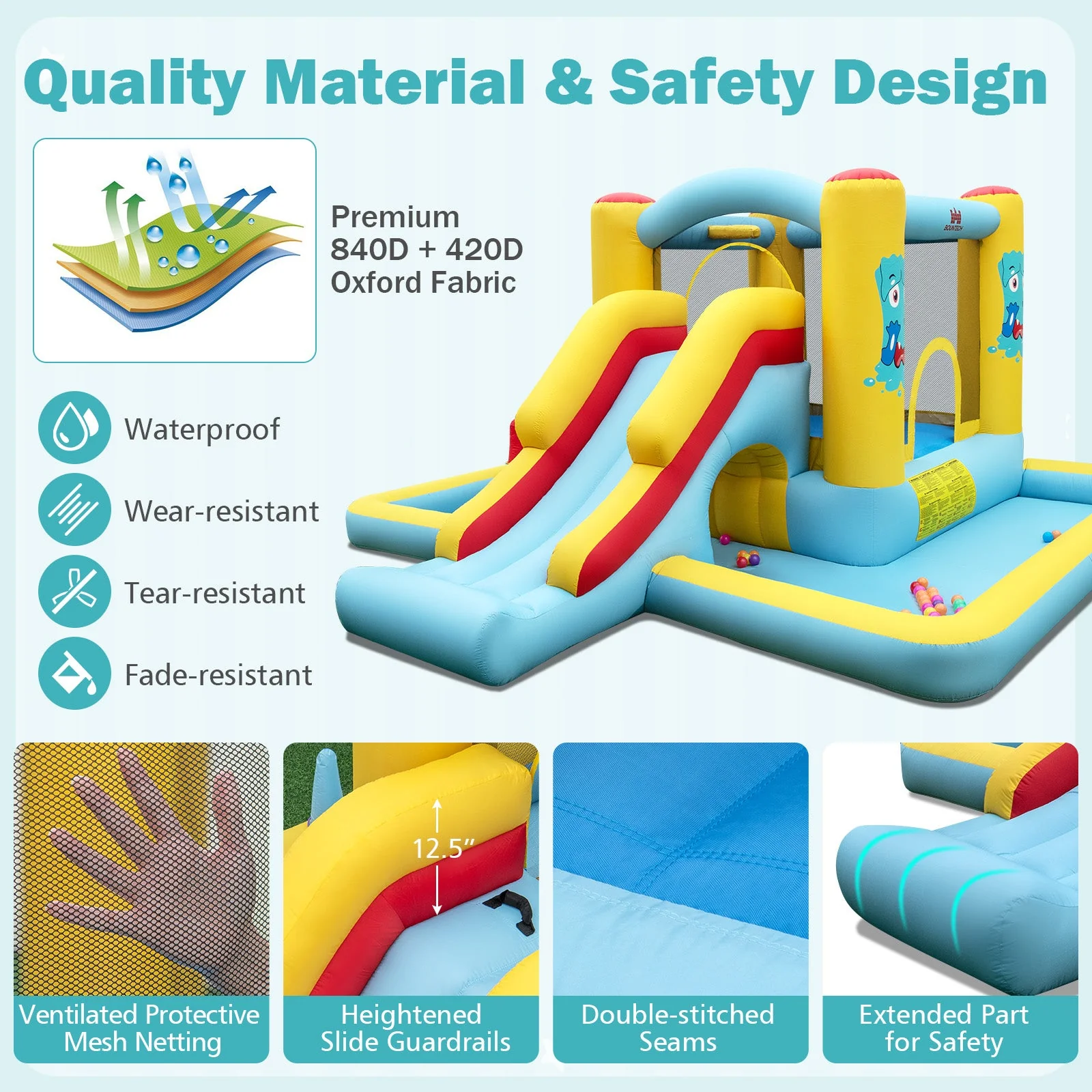 Inflatable Bounce House 7-in-1 Bouncy Castle with Slide and Tunnel with 550W Blower - Image 8