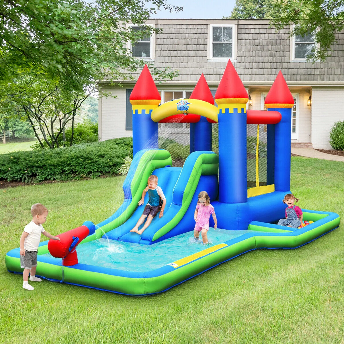 Inflatable Bounce House Castle Water Slide with Climbing Wall and 550W Blower - Image 2
