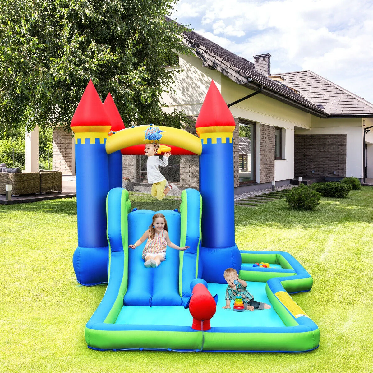 Inflatable Bounce House Castle Water Slide with Climbing Wall and 550W Blower - Image 6