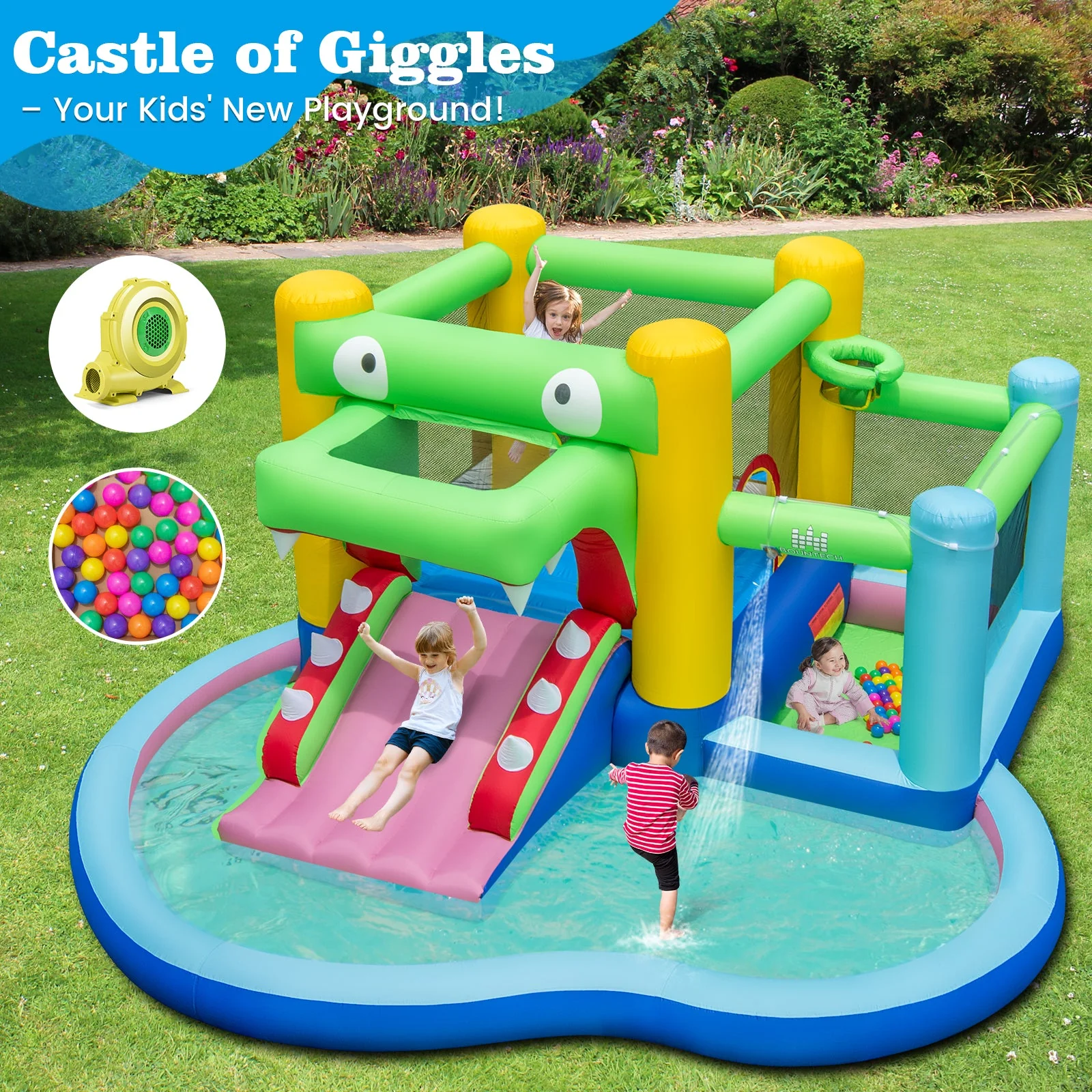 Inflatable Bounce House with Slide and Splash Pooland and 680W Blower - Image 2