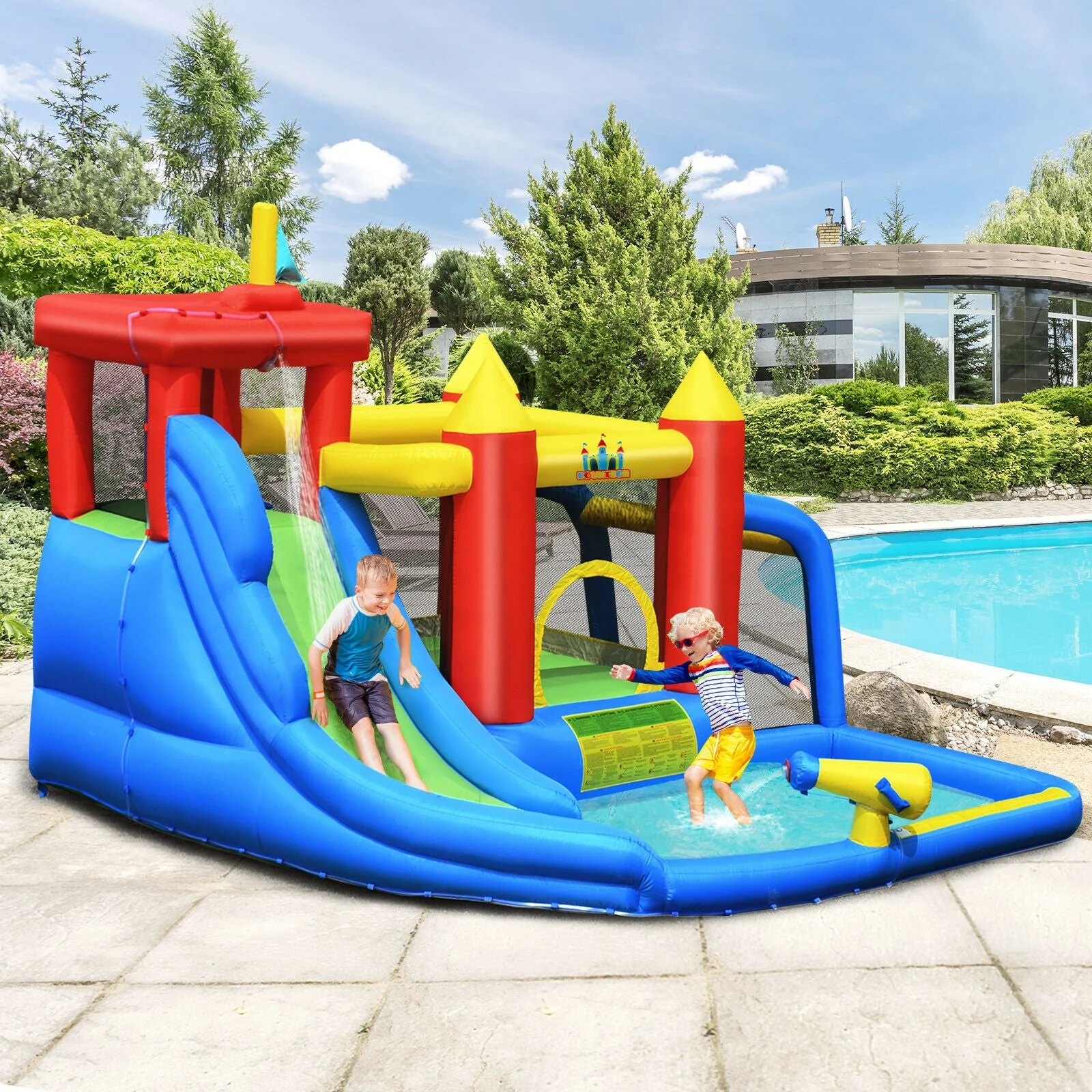 Inflatable Bouncer Bounce House with Water Slide Splash Pool without Blower - Image 2
