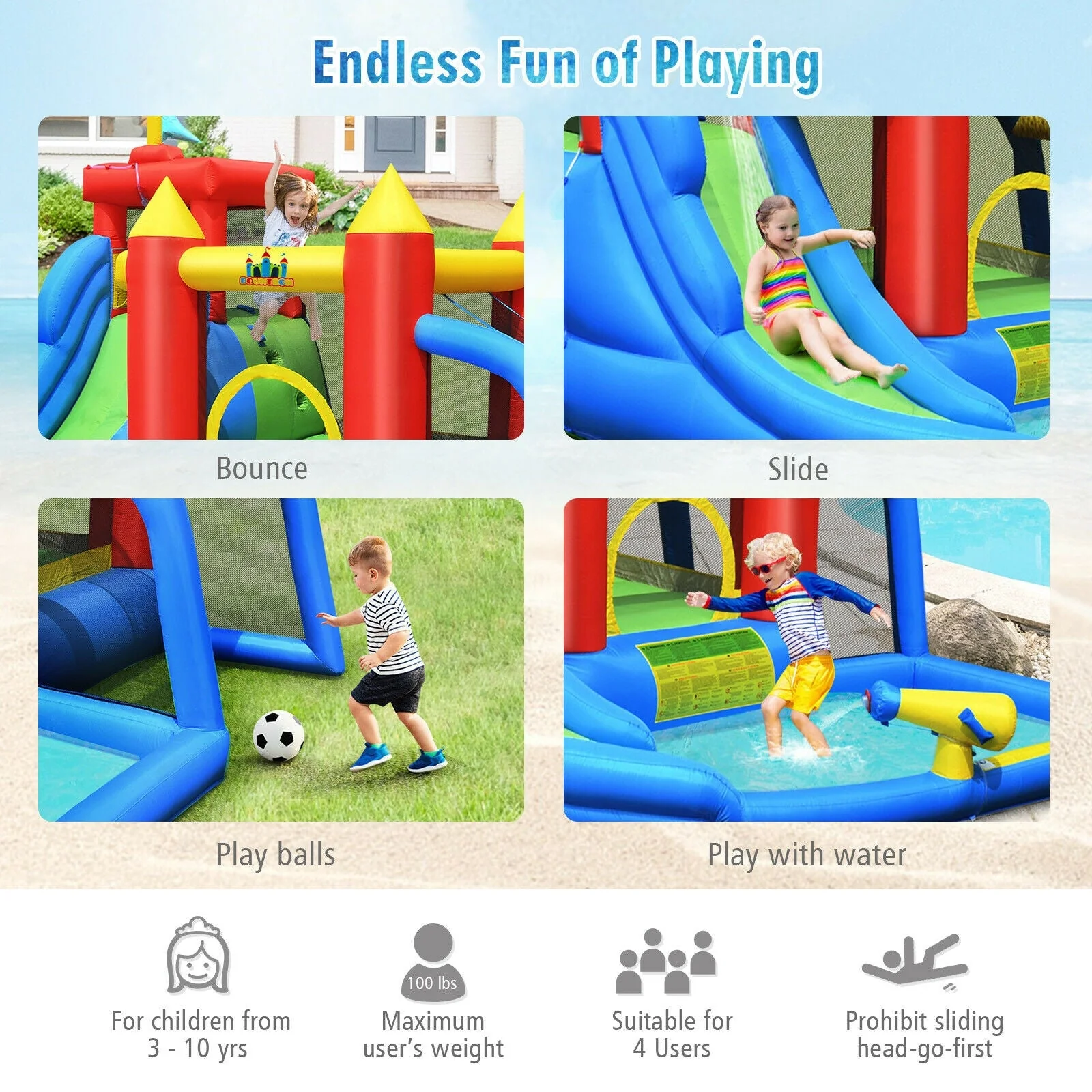 Inflatable Bouncer Bounce House with Water Slide Splash Pool without Blower - Image 7
