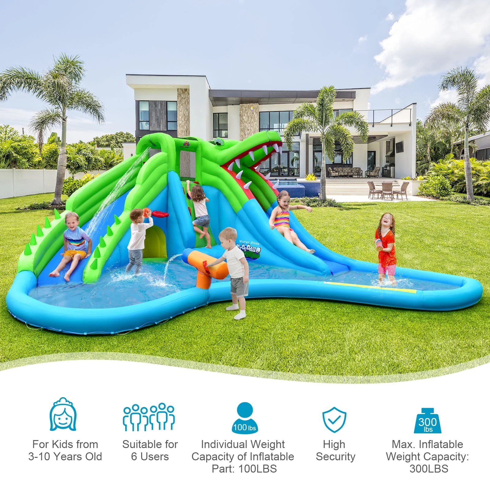 Inflatable Crocodile Style Water Slide Upgraded Kids Bounce Castle with 780W Blower - Image 2