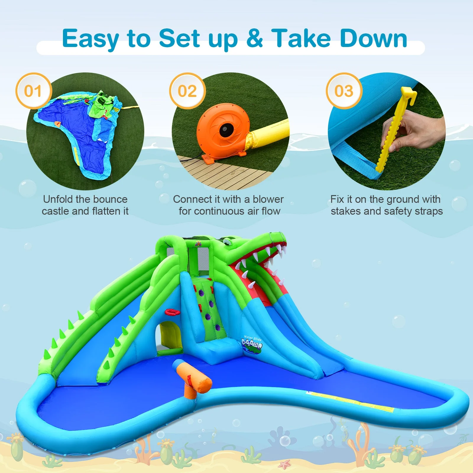 Inflatable Crocodile Style Water Slide Upgraded Kids Bounce Castle with 780W Blower - Image 3
