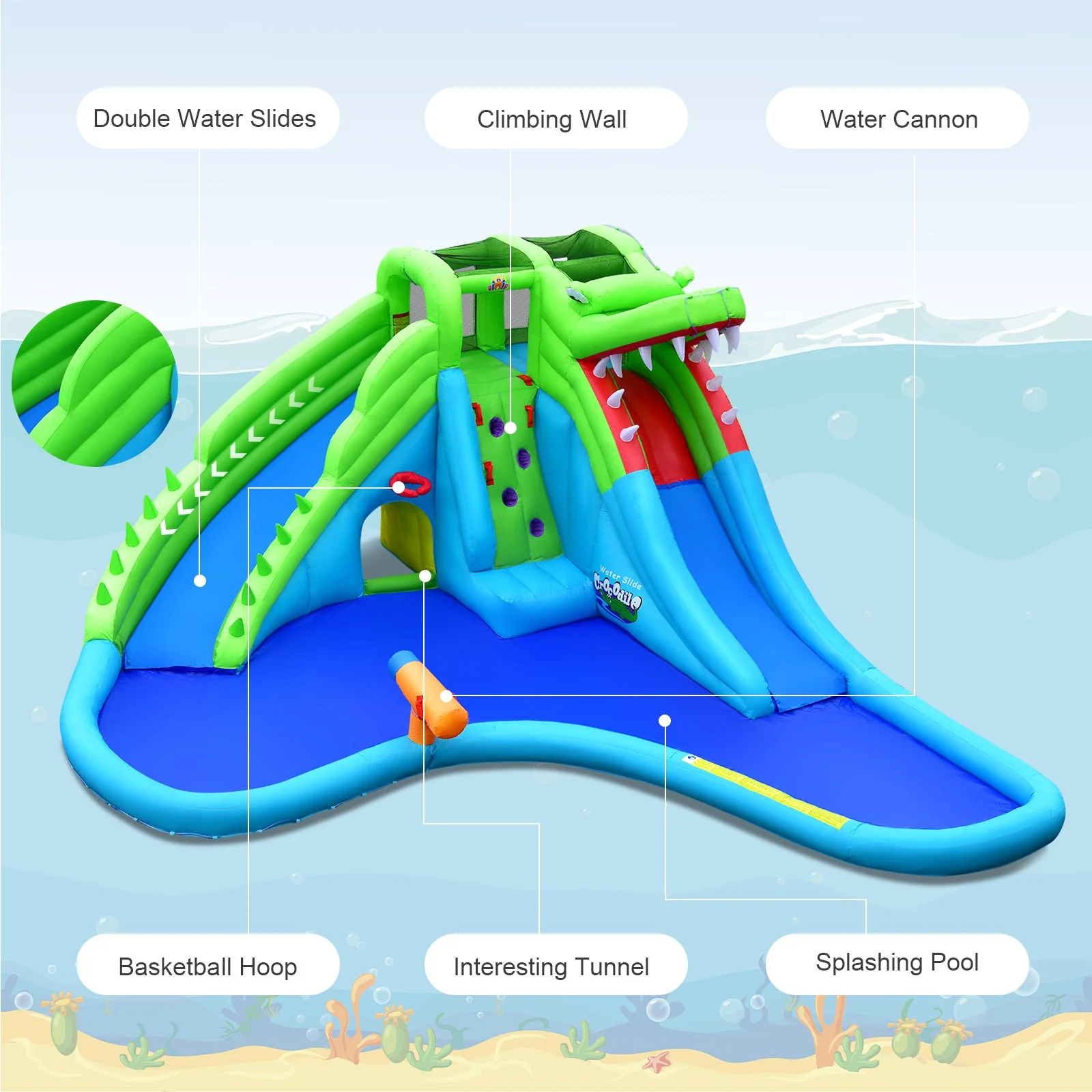 Inflatable Crocodile Style Water Slide Upgraded Kids Bounce Castle with 780W Blower - Image 5