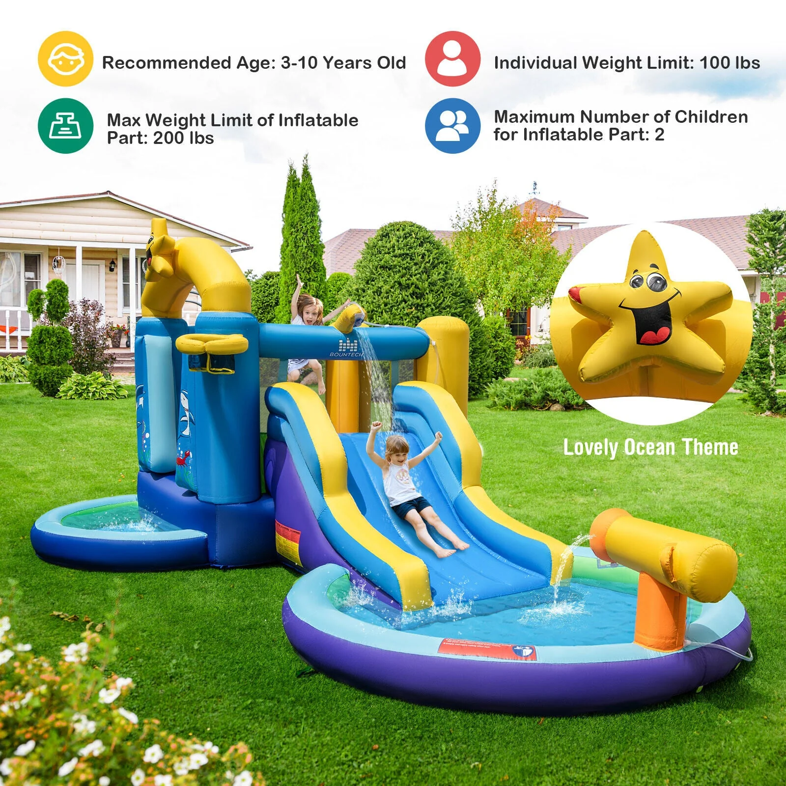 Inflatable Ocean-Themed Bounce House with 680W Blower and 2 Pools - Image 5