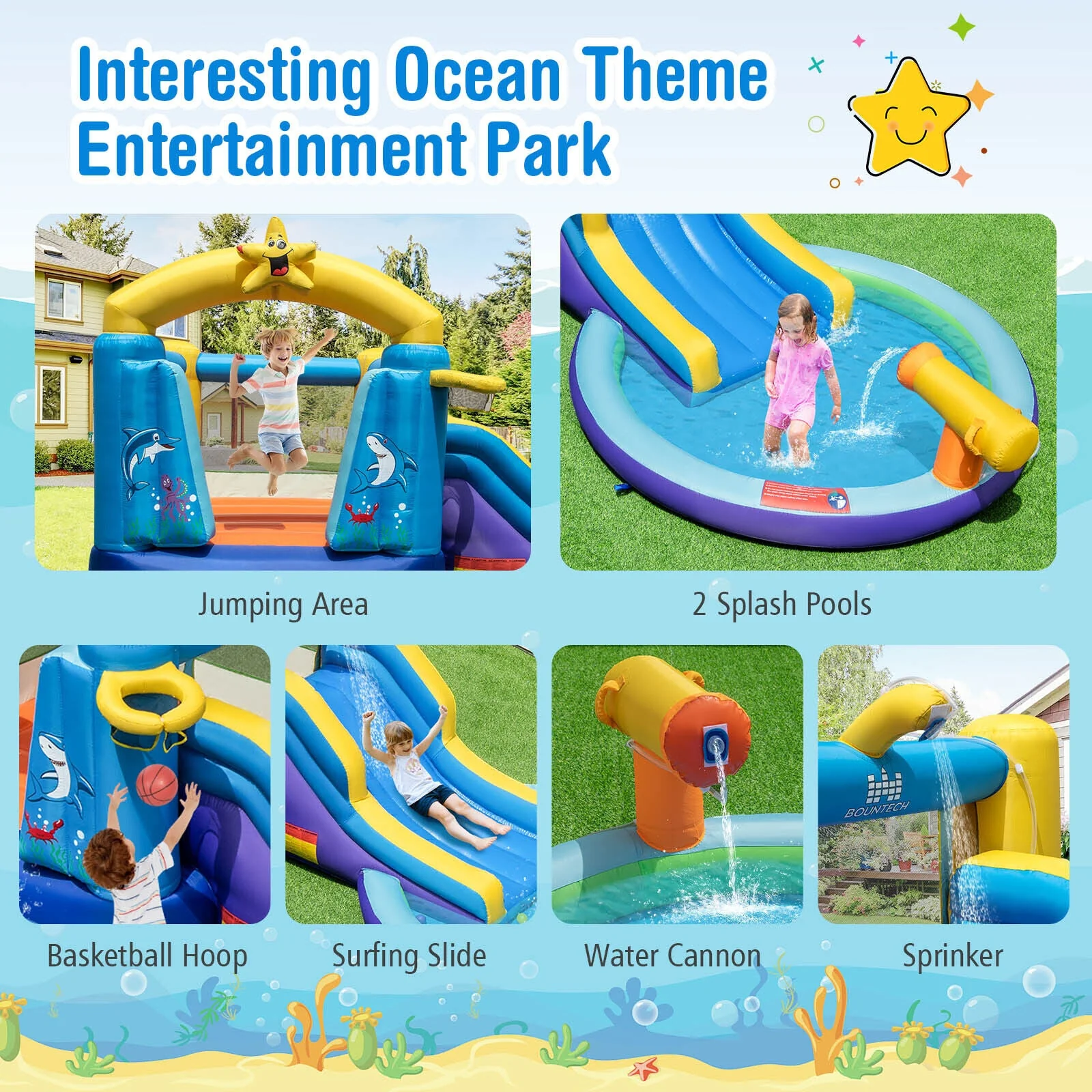 Inflatable Ocean-Themed Bounce House with 680W Blower and 2 Pools - Image 8