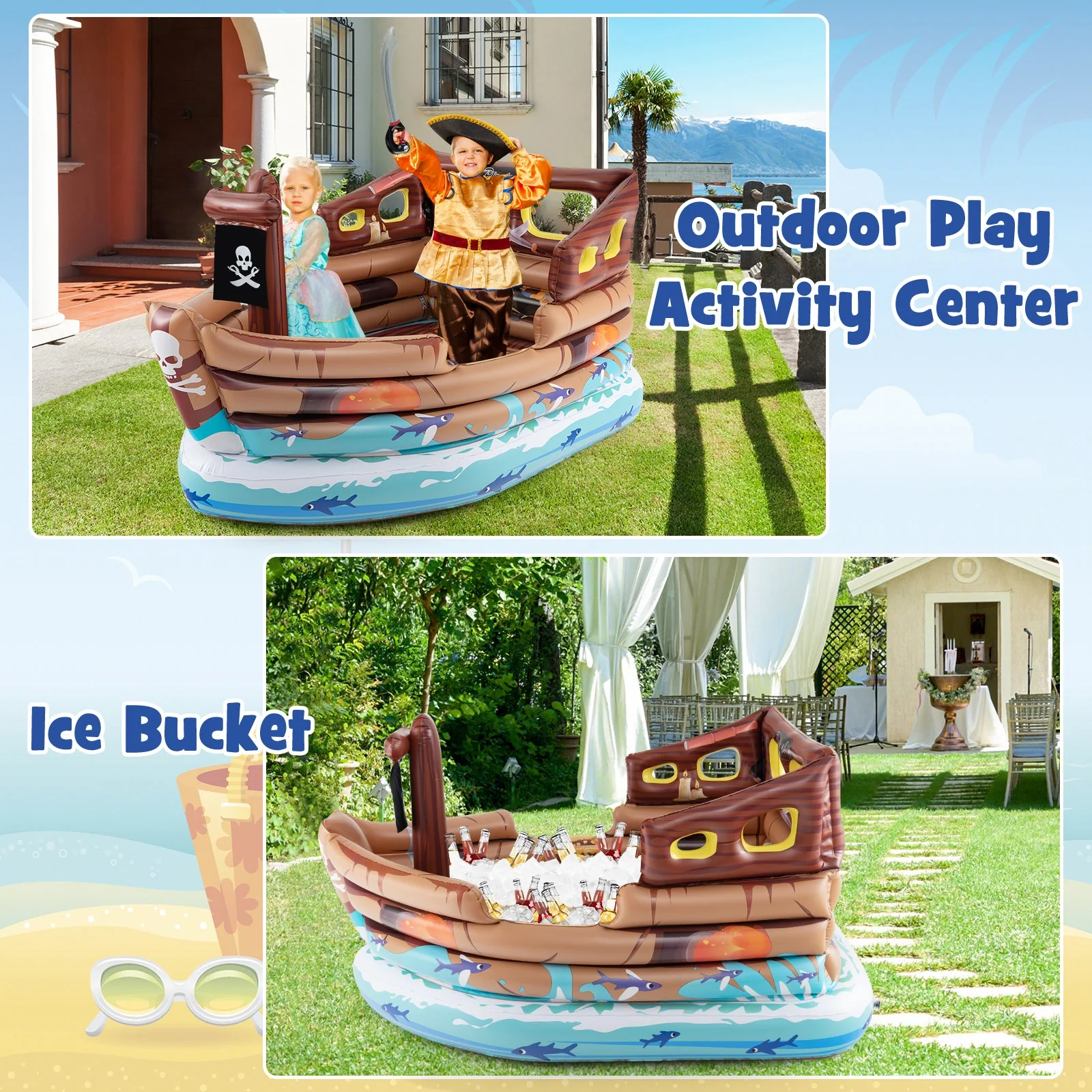 Inflatable Pirate Ship Playhouse with Built-in Motor and Inflatable Toy Sword-Brown - Image 2