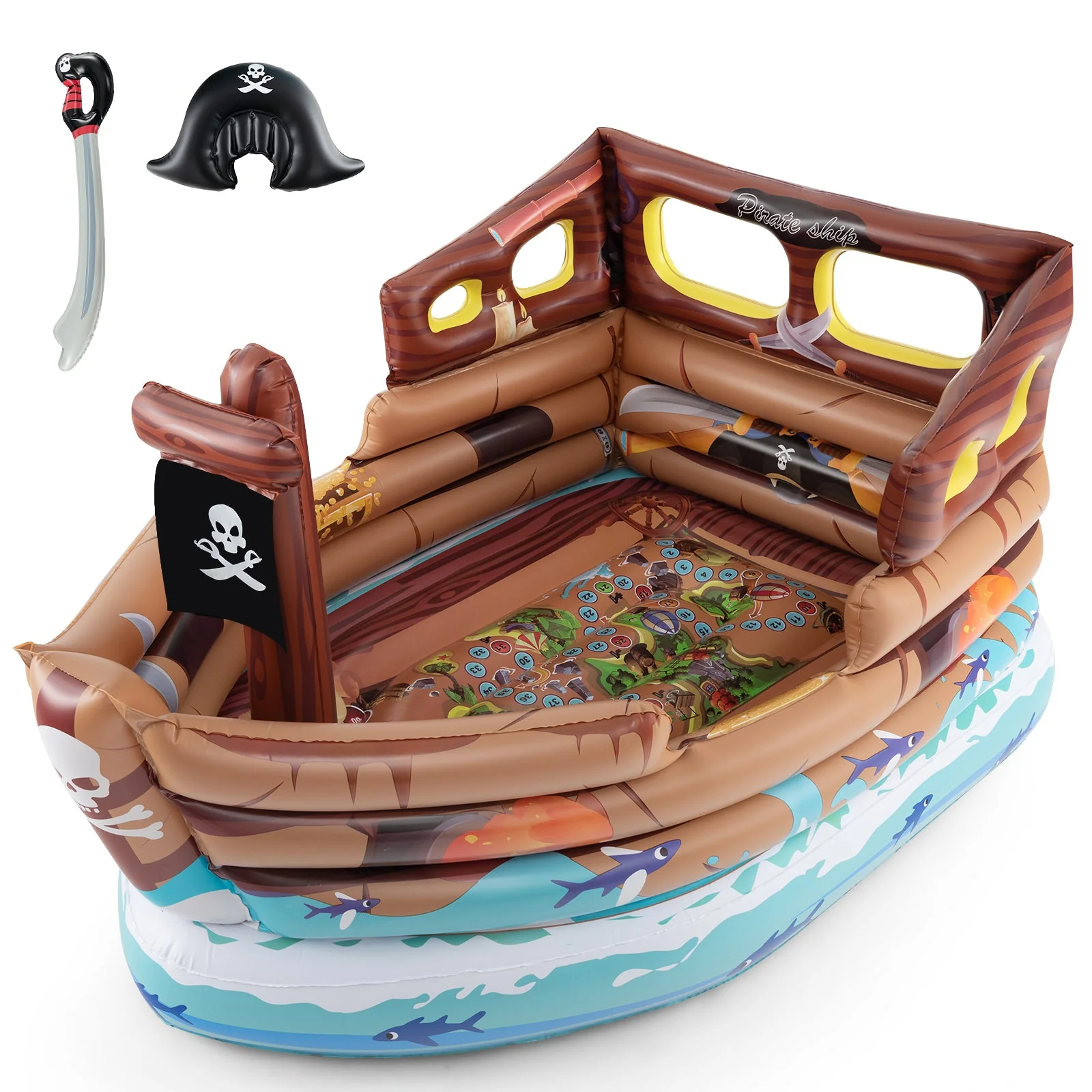 Inflatable Pirate Ship Playhouse with Built-in Motor and Inflatable Toy Sword-Brown - Image 3