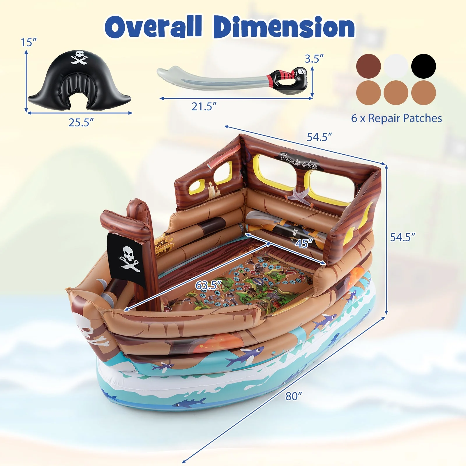 Inflatable Pirate Ship Playhouse with Built-in Motor and Inflatable Toy Sword-Brown - Image 4
