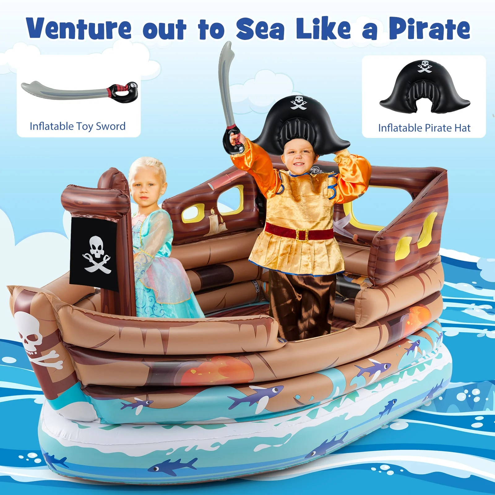 Inflatable Pirate Ship Playhouse with Built-in Motor and Inflatable Toy Sword-Brown - Image 5