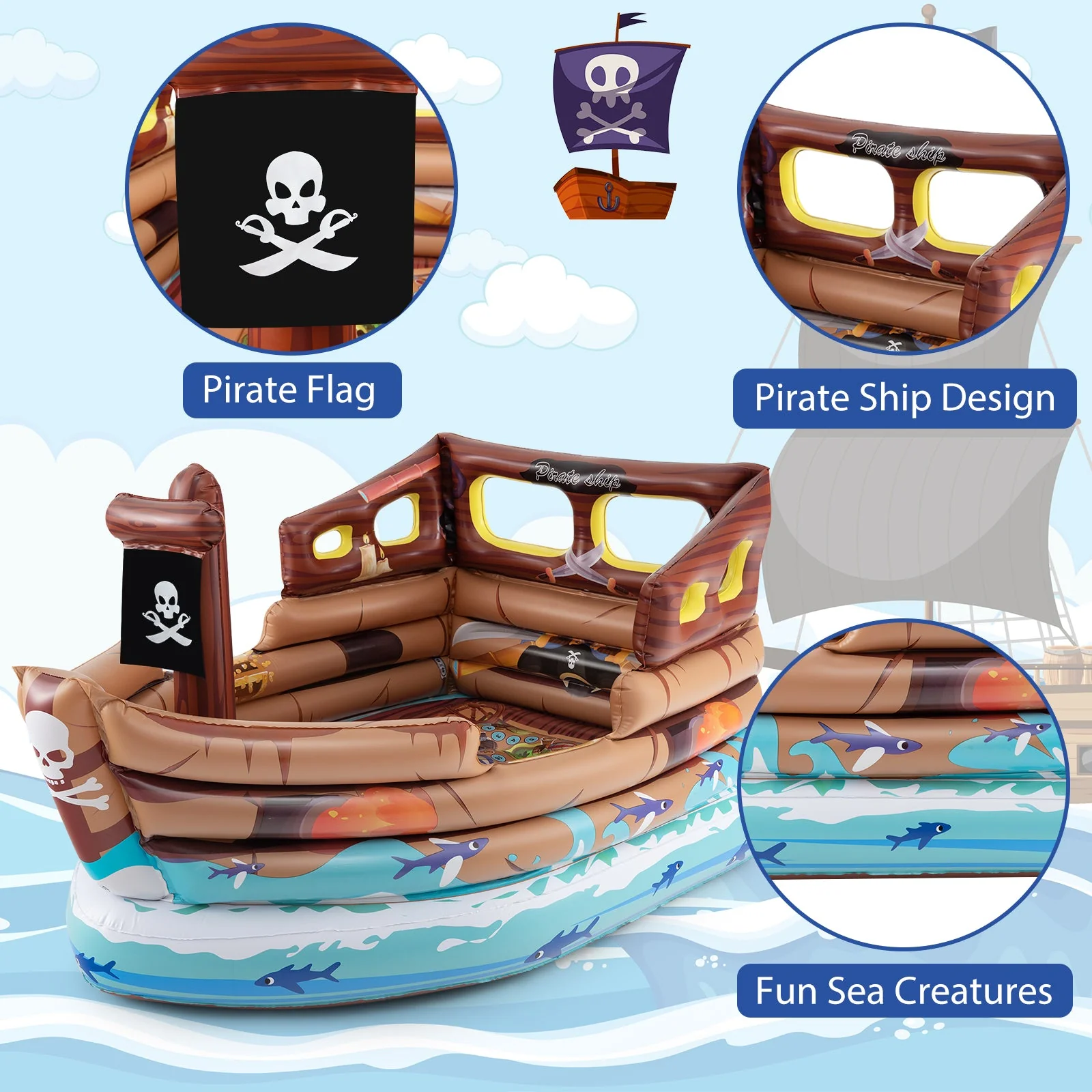 Inflatable Pirate Ship Playhouse with Built-in Motor and Inflatable Toy Sword-Brown - Image 6