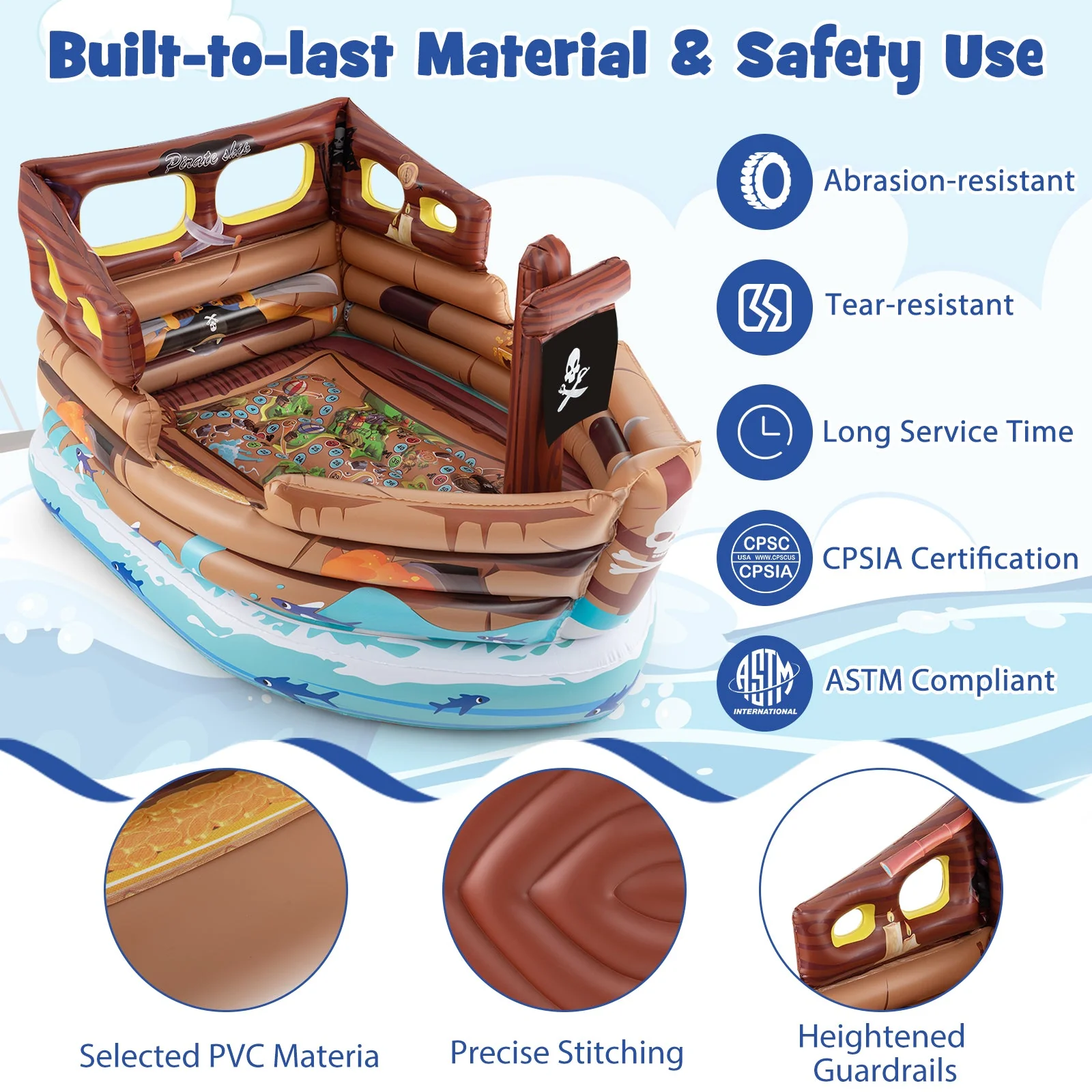 Inflatable Pirate Ship Playhouse with Built-in Motor and Inflatable Toy Sword-Brown - Image 8