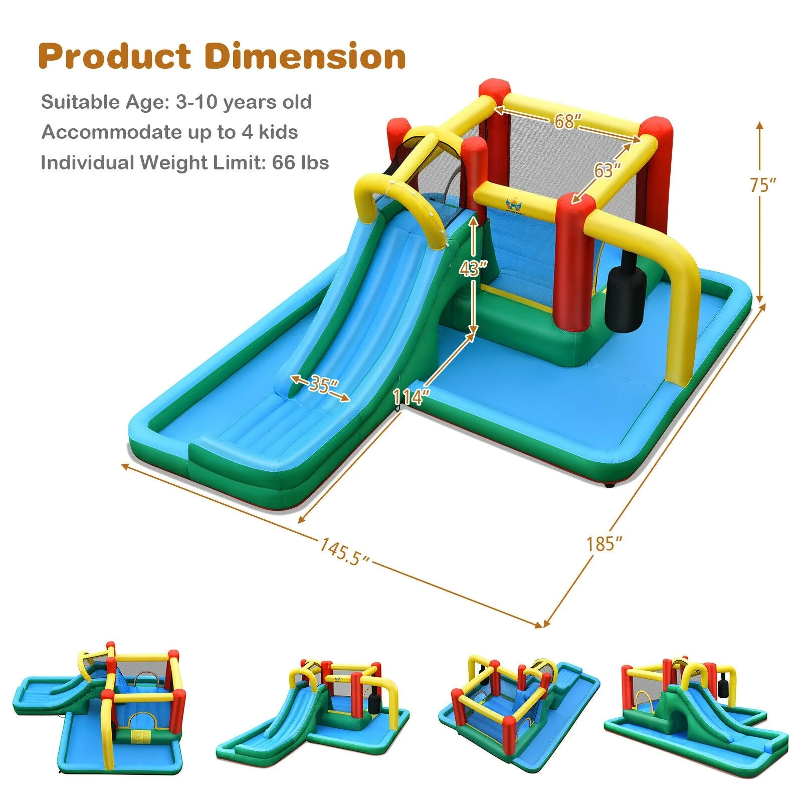 Inflatable Water Slide Climbing Bounce House with Tunnel and 735W Blower - Image 3