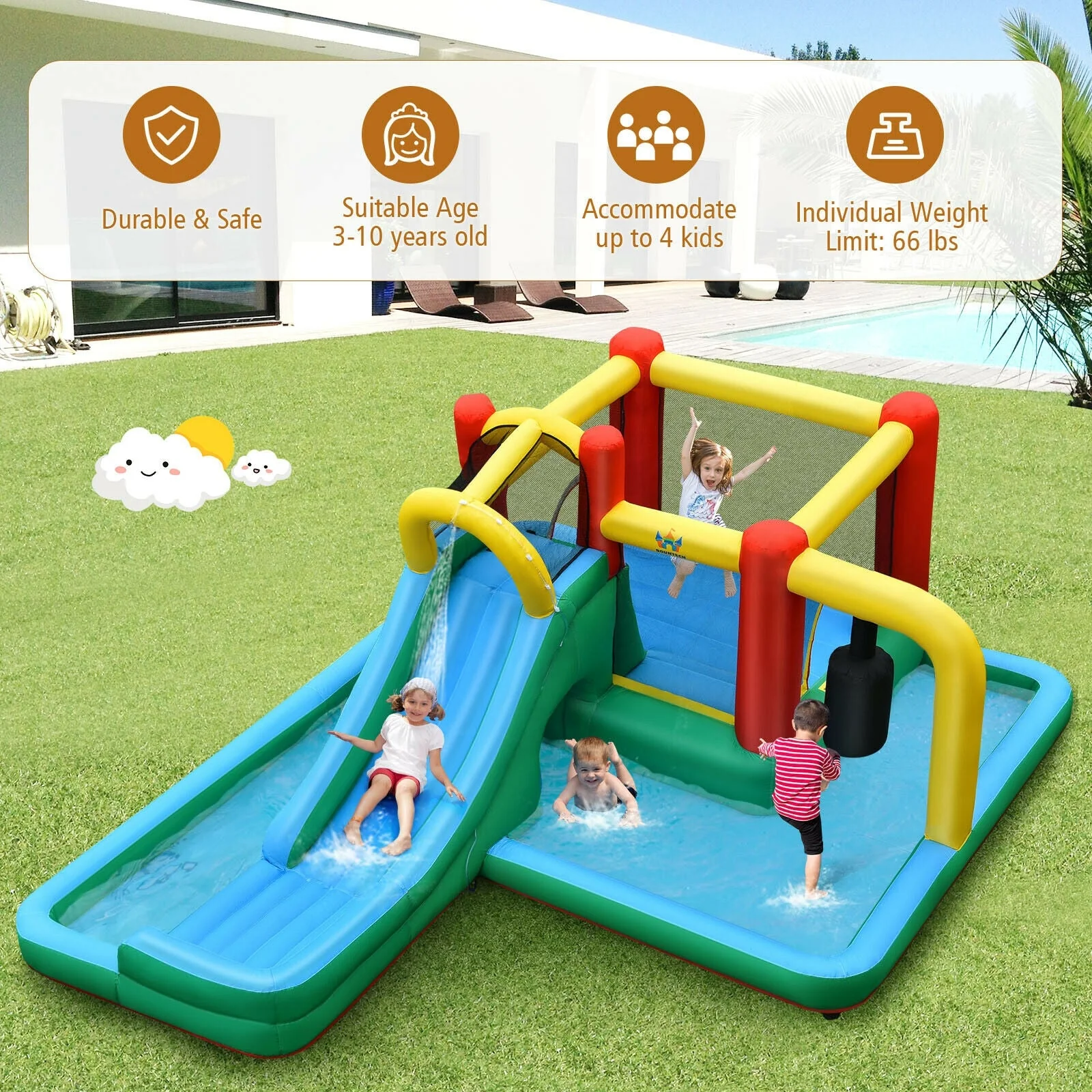 Inflatable Water Slide Climbing Bounce House with Tunnel and 735W Blower - Image 4