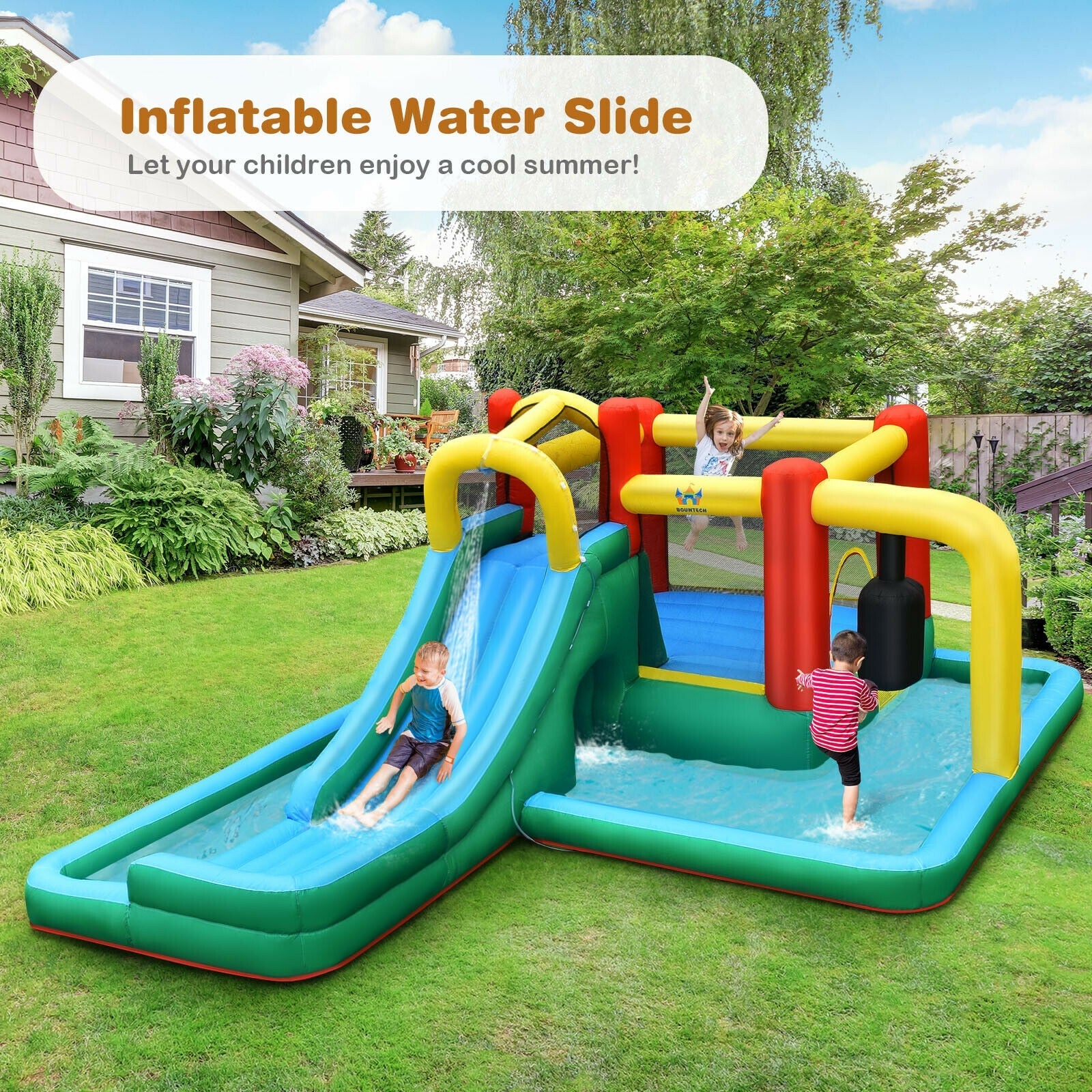 Inflatable Water Slide Climbing Bounce House with Tunnel and 735W Blower - Image 7