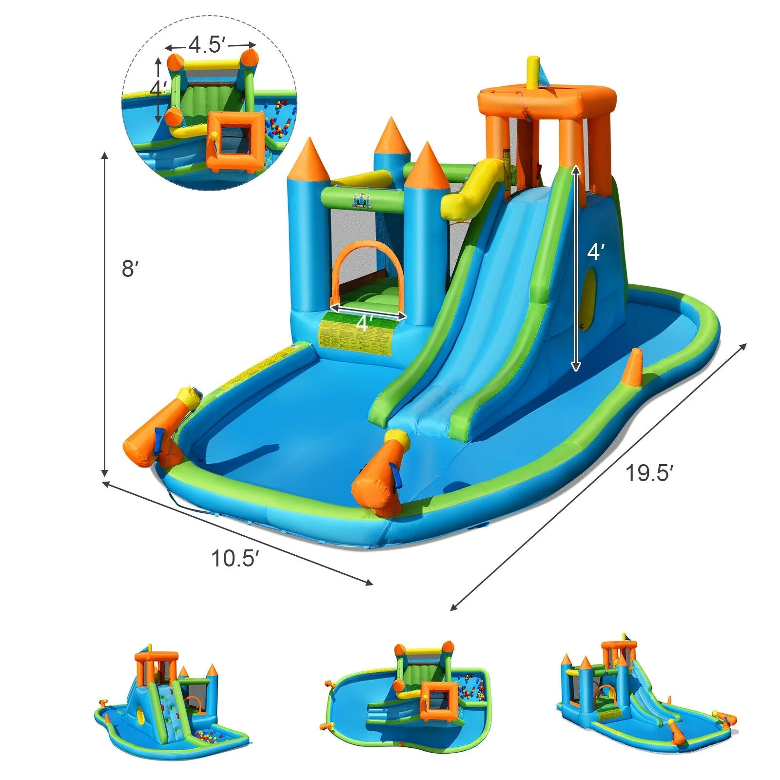 Inflatable Water Slide Kids Bounce House Splash Water Pool with 735W Blower - Image 4
