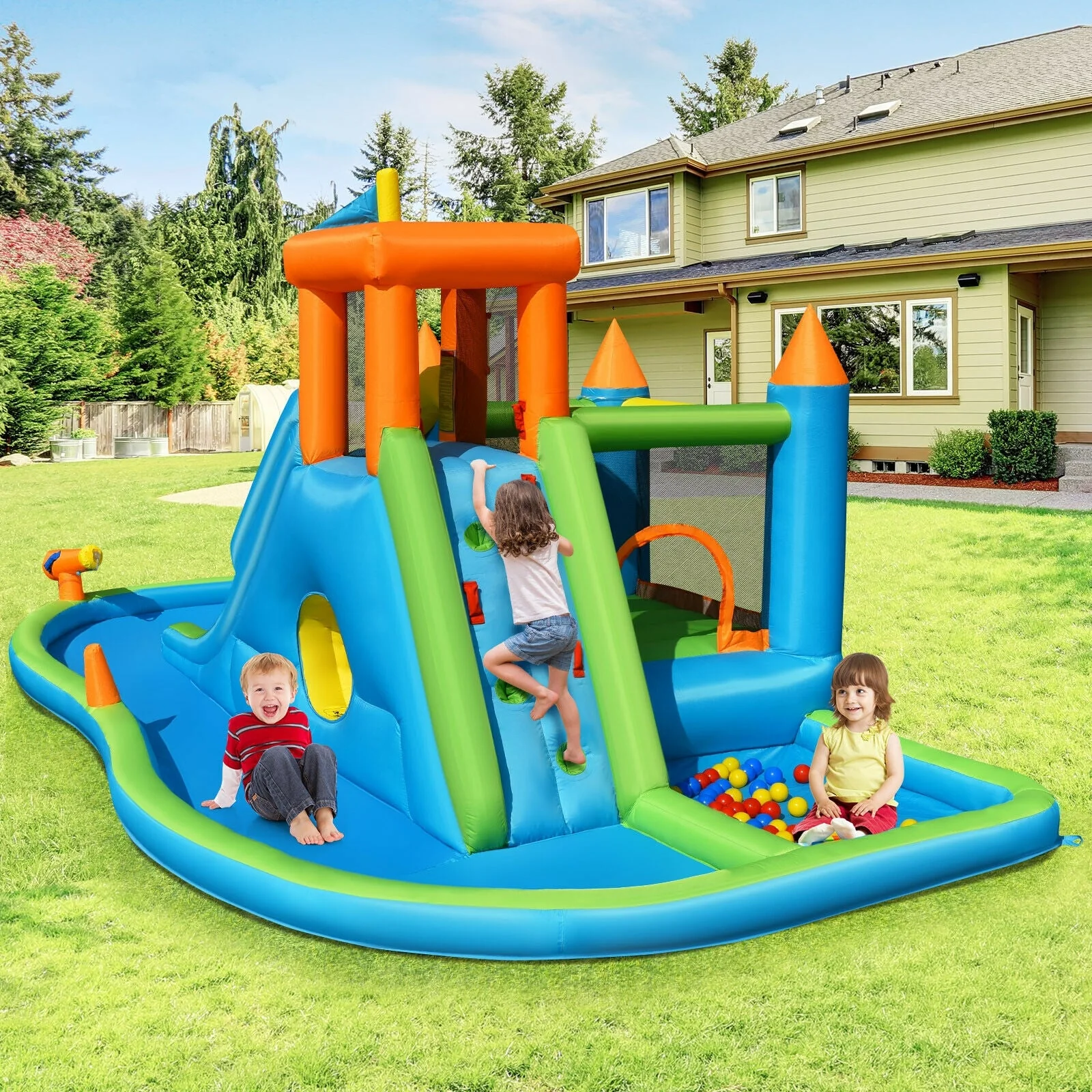 Inflatable Water Slide Kids Bounce House Splash Water Pool with 735W Blower - Image 5