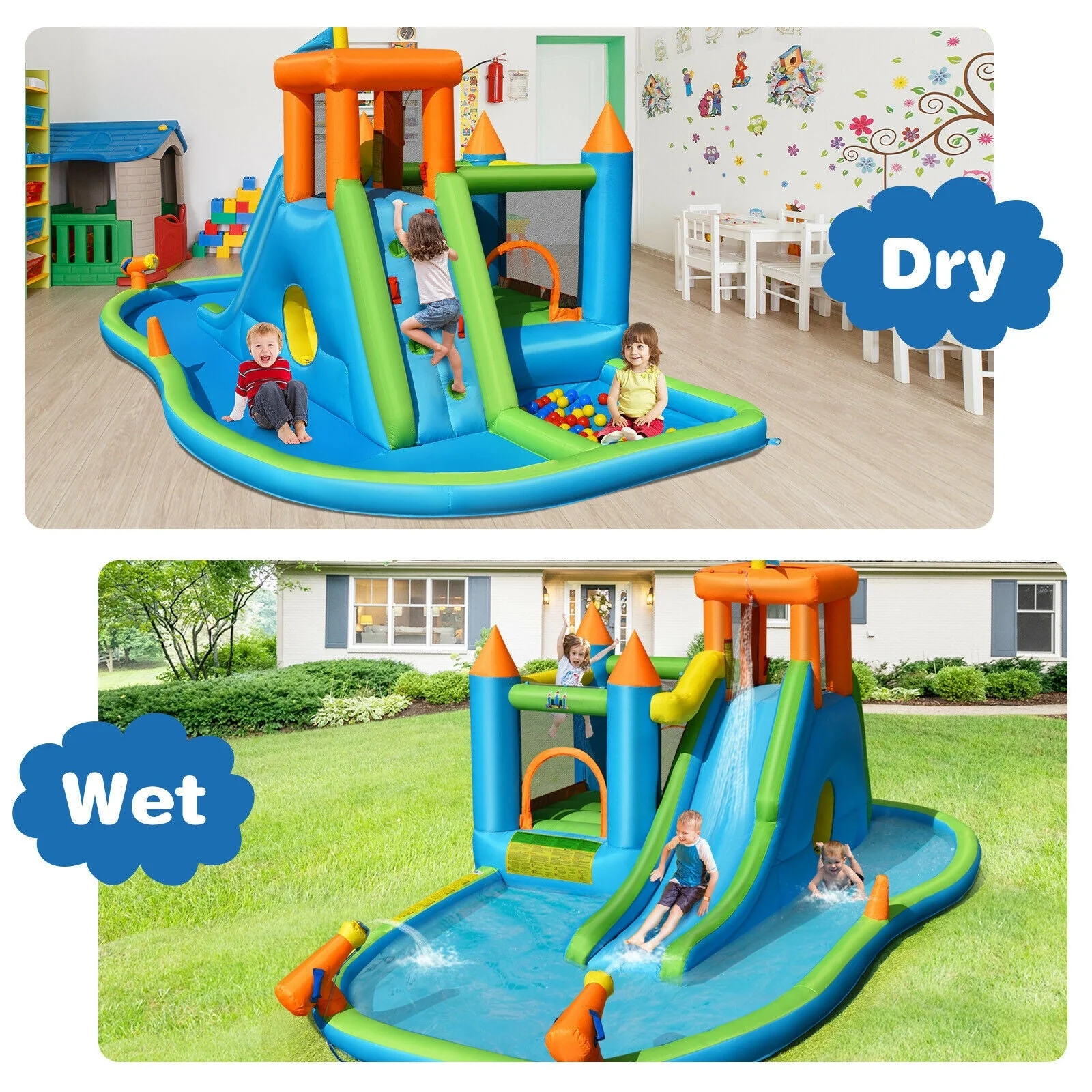 Inflatable Water Slide Kids Bounce House Splash Water Pool with 735W Blower - Image 6
