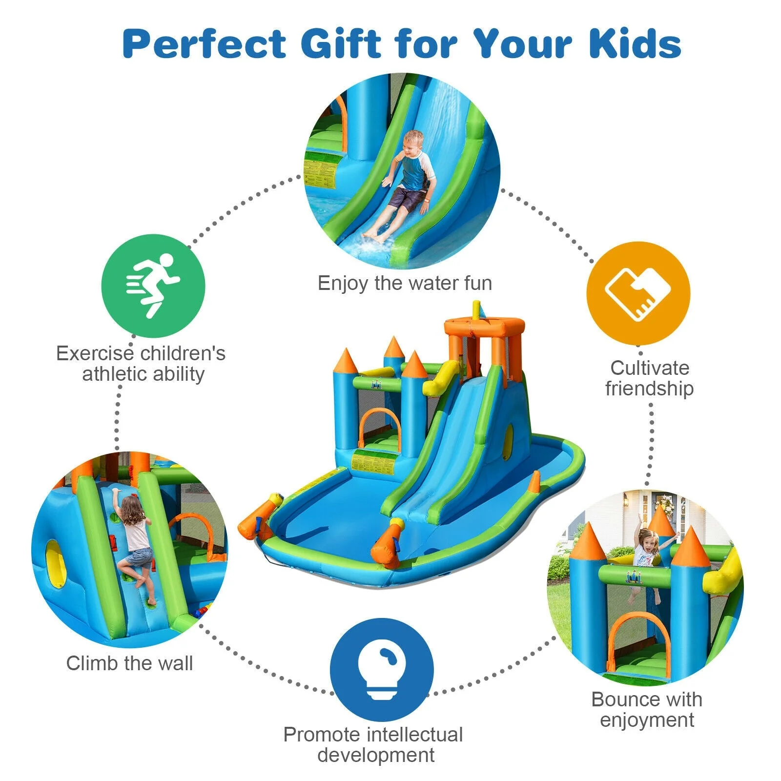 Inflatable Water Slide Kids Bounce House Splash Water Pool with 735W Blower - Image 7