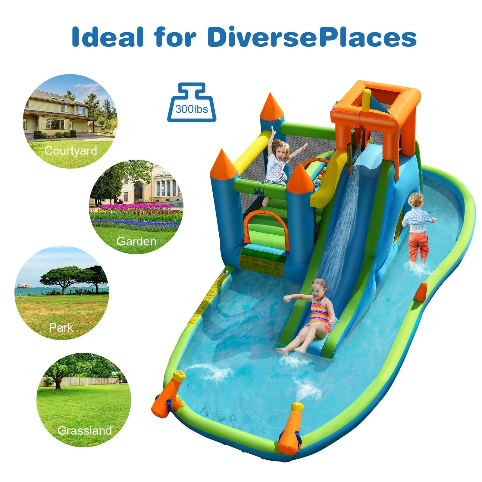 Inflatable Water Slide Kids Bounce House Splash Water Pool with 735W Blower - Image 8
