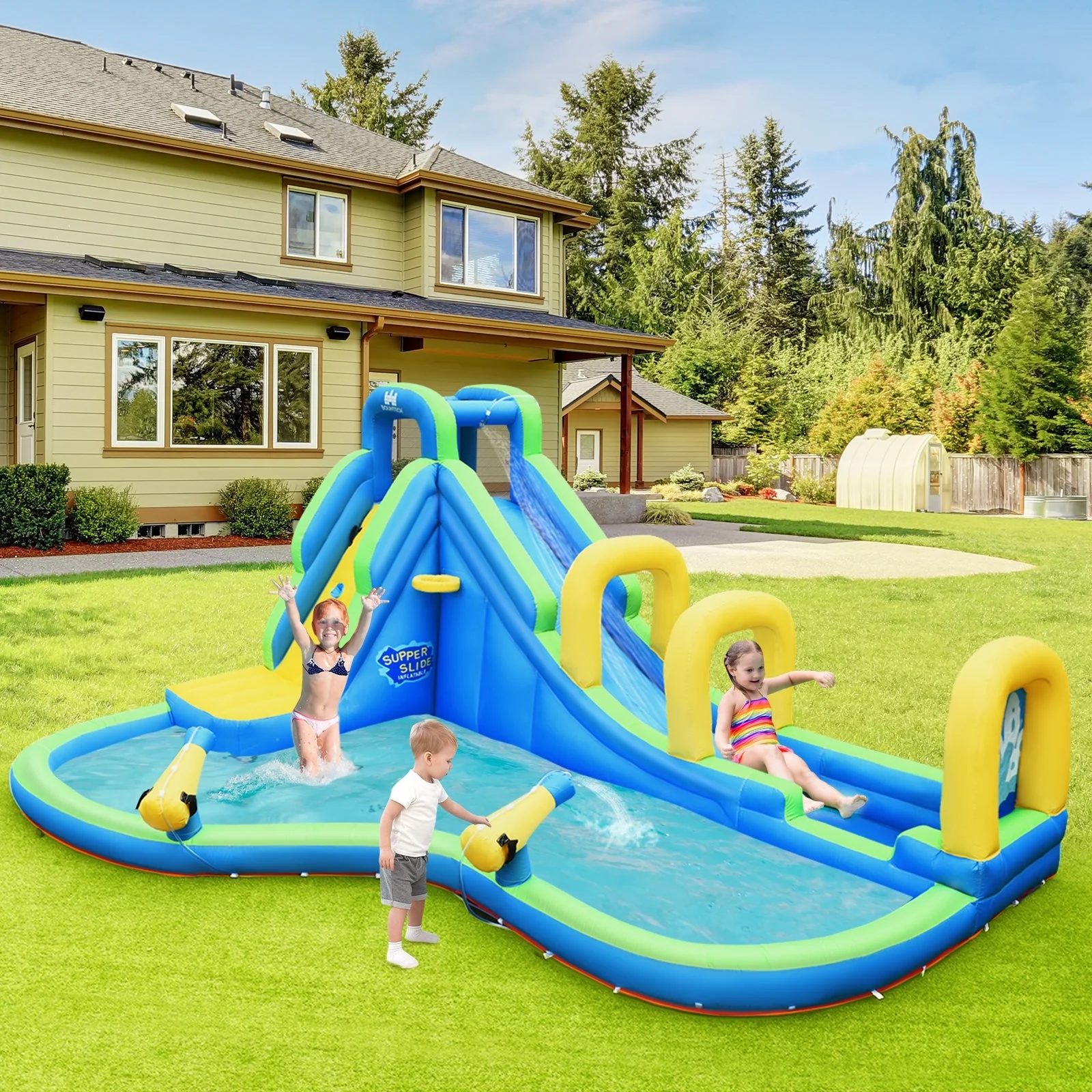 Inflatable Water Slide Kids Bounce House with Water Cannons and Hose Without Blower - Image 2