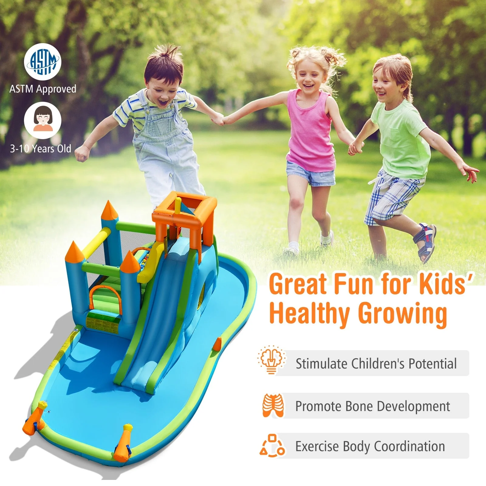 Inflatable Water Slide with Bounce House and Splash Pool without Blower for Kids - Image 2