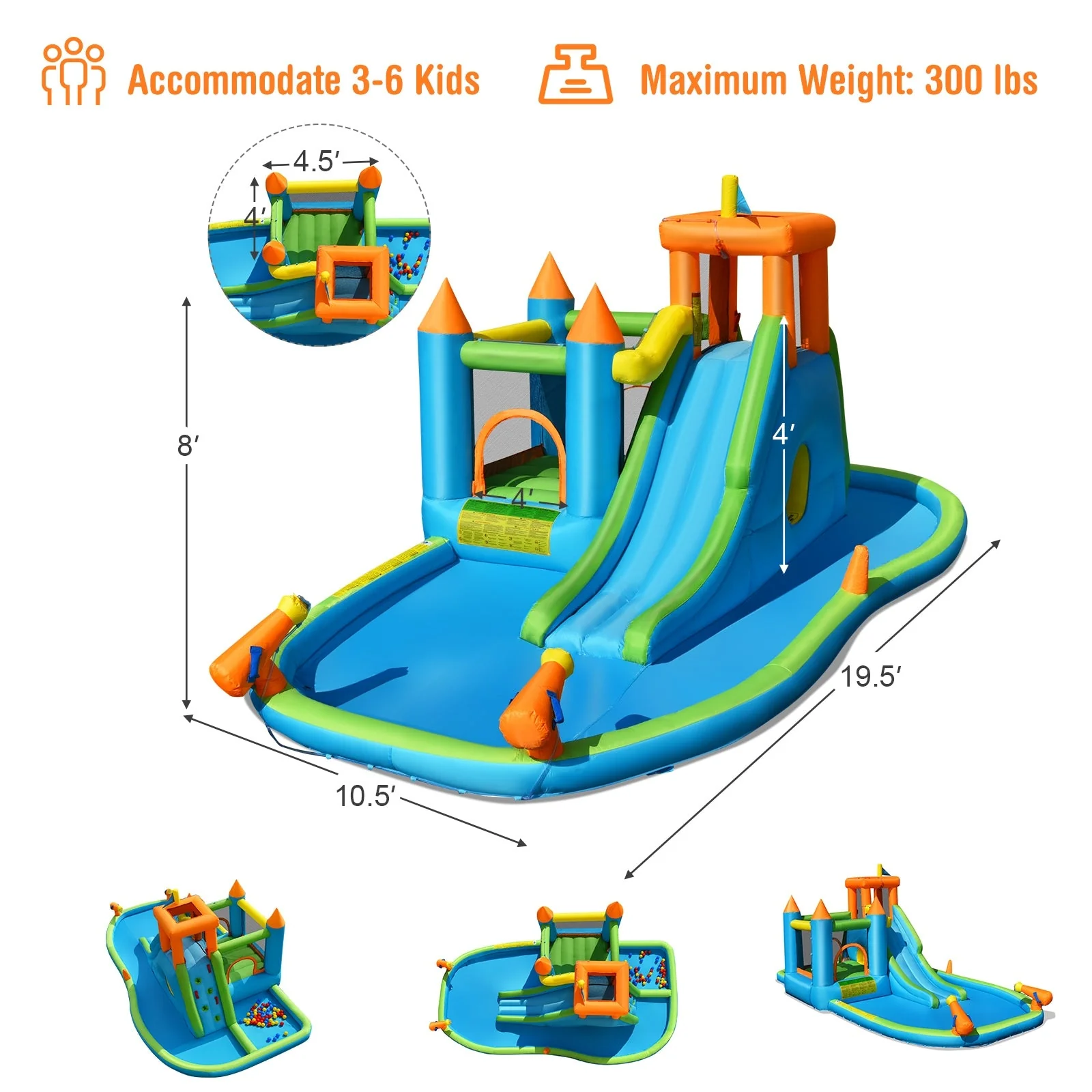 Inflatable Water Slide with Bounce House and Splash Pool without Blower for Kids - Image 4