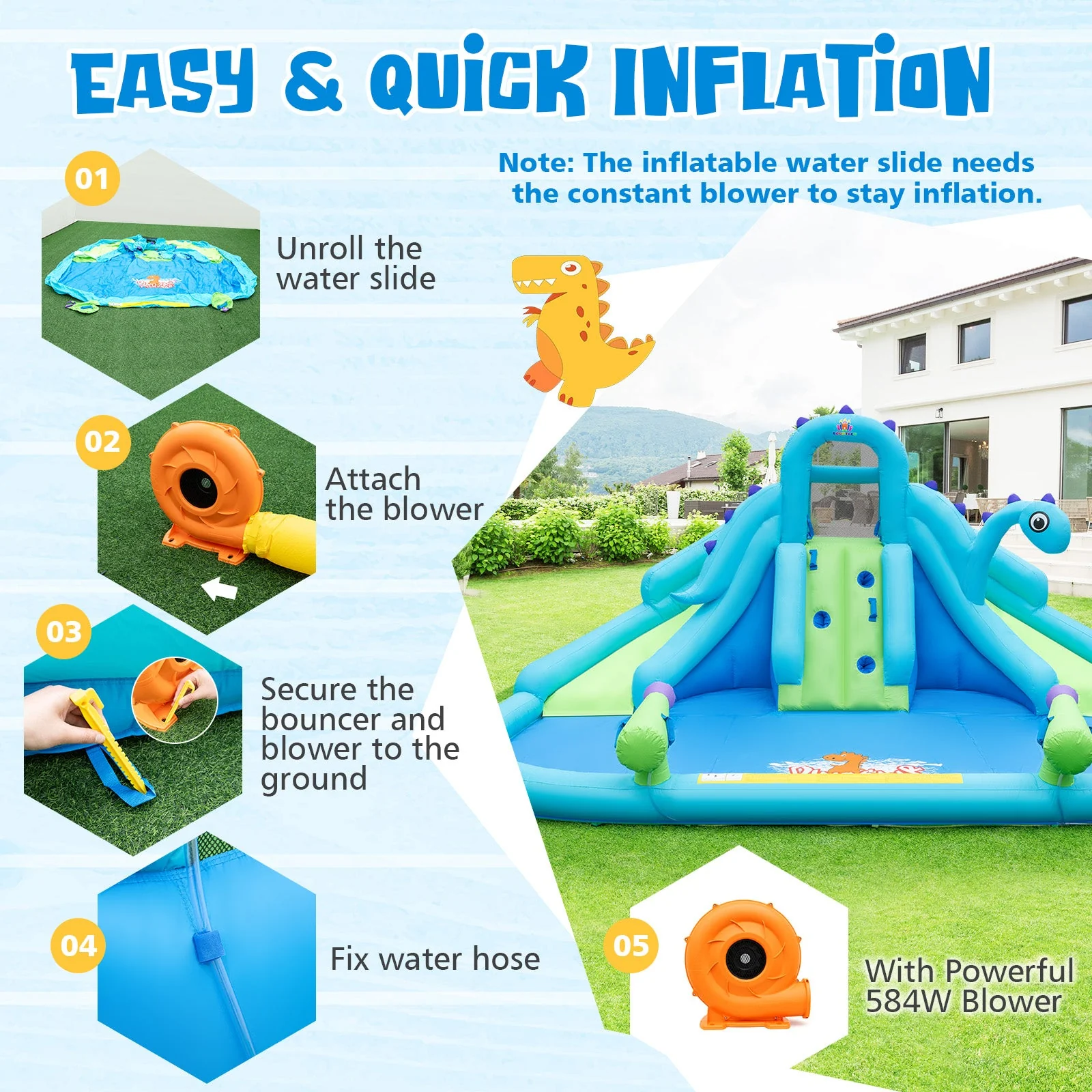 Inflatable Water Slide with Dual Slides and Large Splash Pool and Carry Bag (with 584W Blower) - Image 8