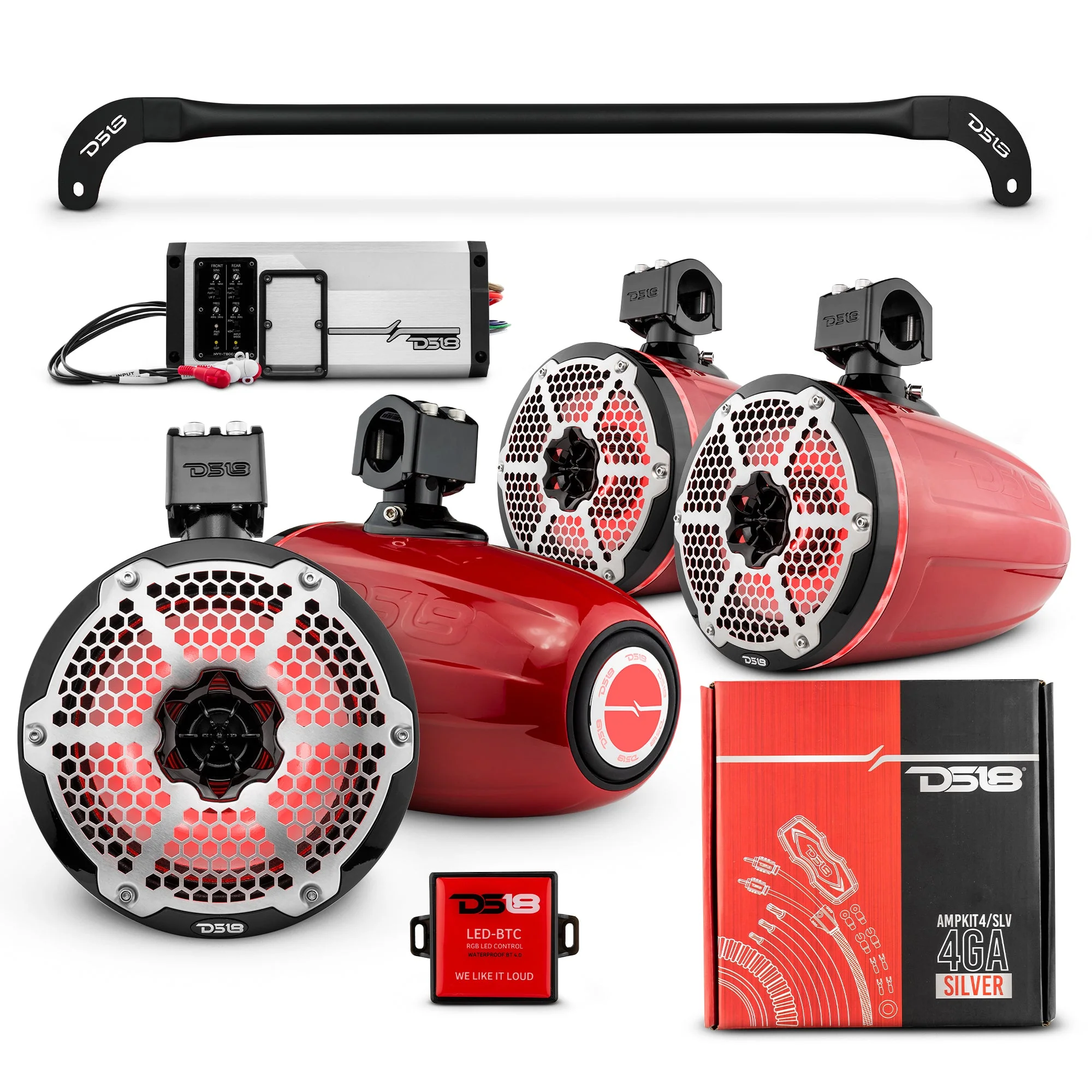 JL-TUBESOFT 4x 8" Marine Towers Speakers with RGB LED Lights, 4-Channel Marine Amplifier and AMPKIT for JLU Soft Top - Image 2