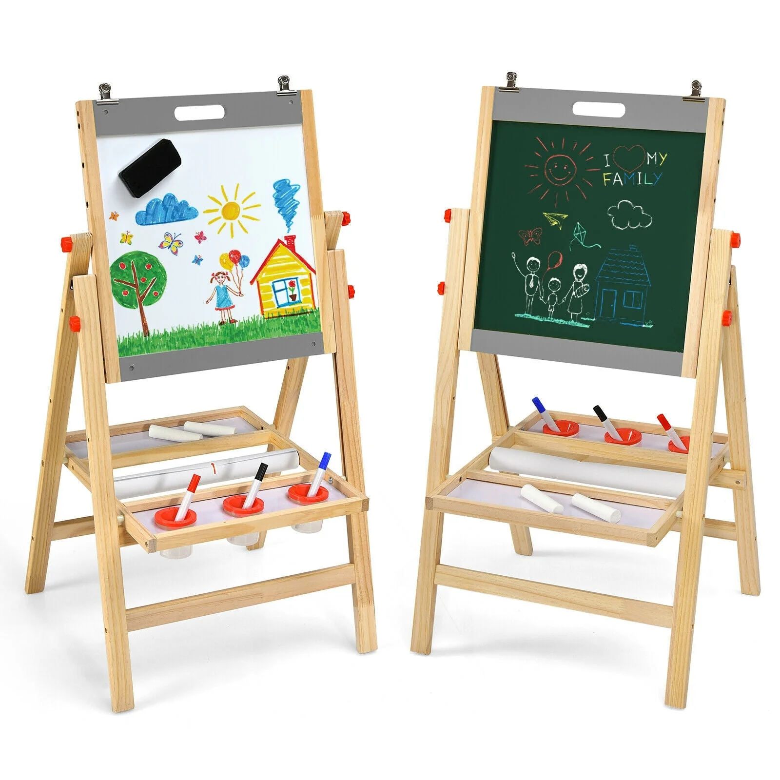 Kids Art Easel with Paper Roll Double Sided Chalkboard and Whiteboard-Gray - Image 3