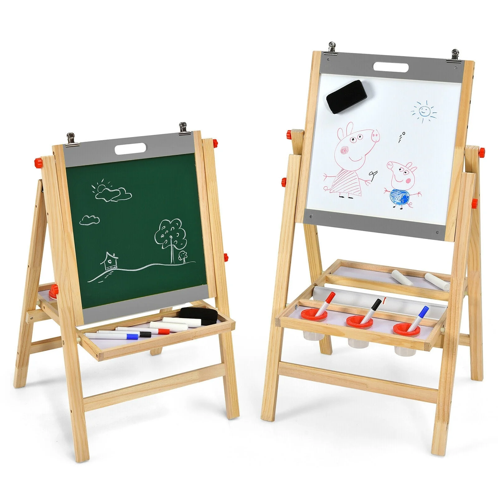 Kids Art Easel with Paper Roll Double Sided Chalkboard and Whiteboard-Gray - Image 4