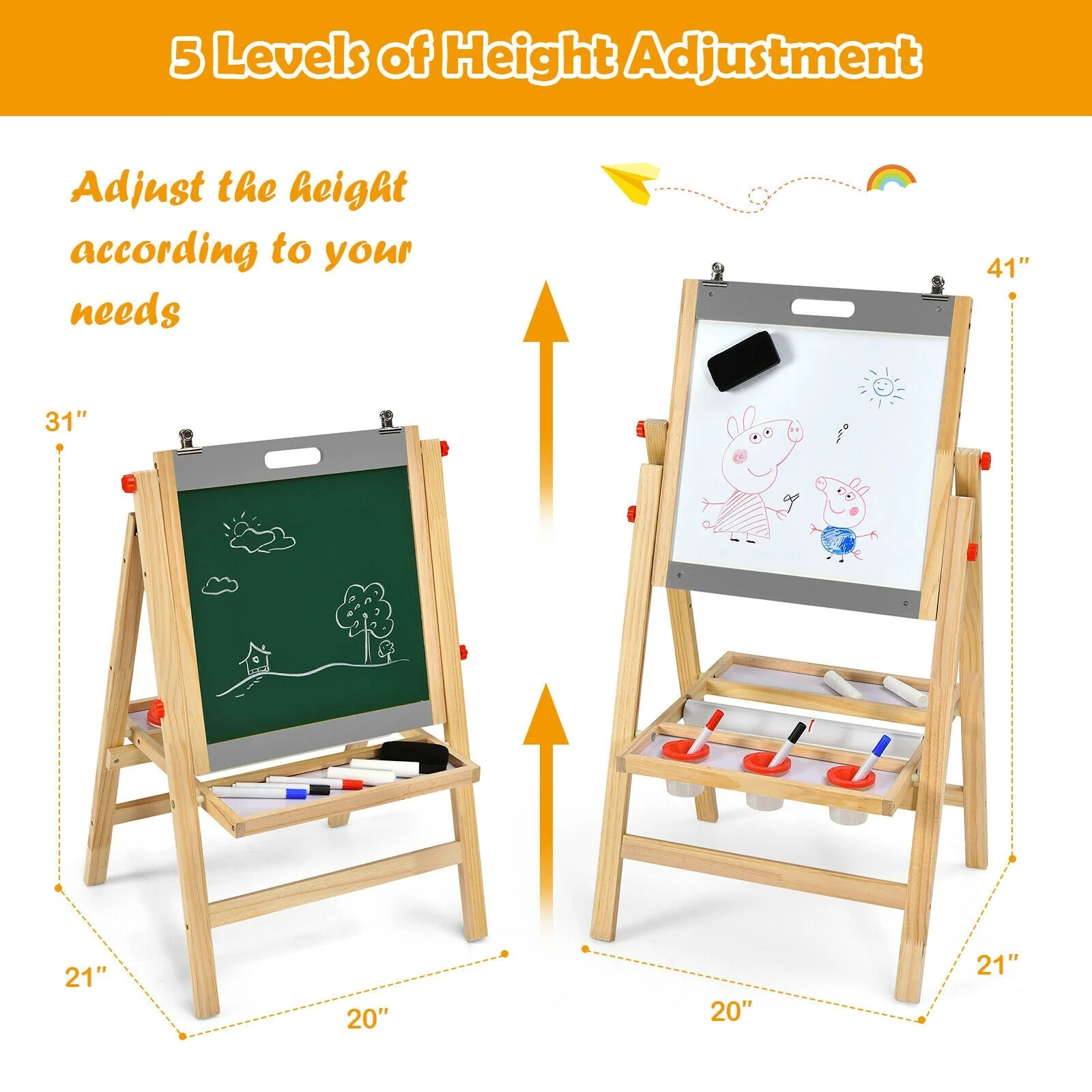 Kids Art Easel with Paper Roll Double Sided Chalkboard and Whiteboard-Gray - Image 5