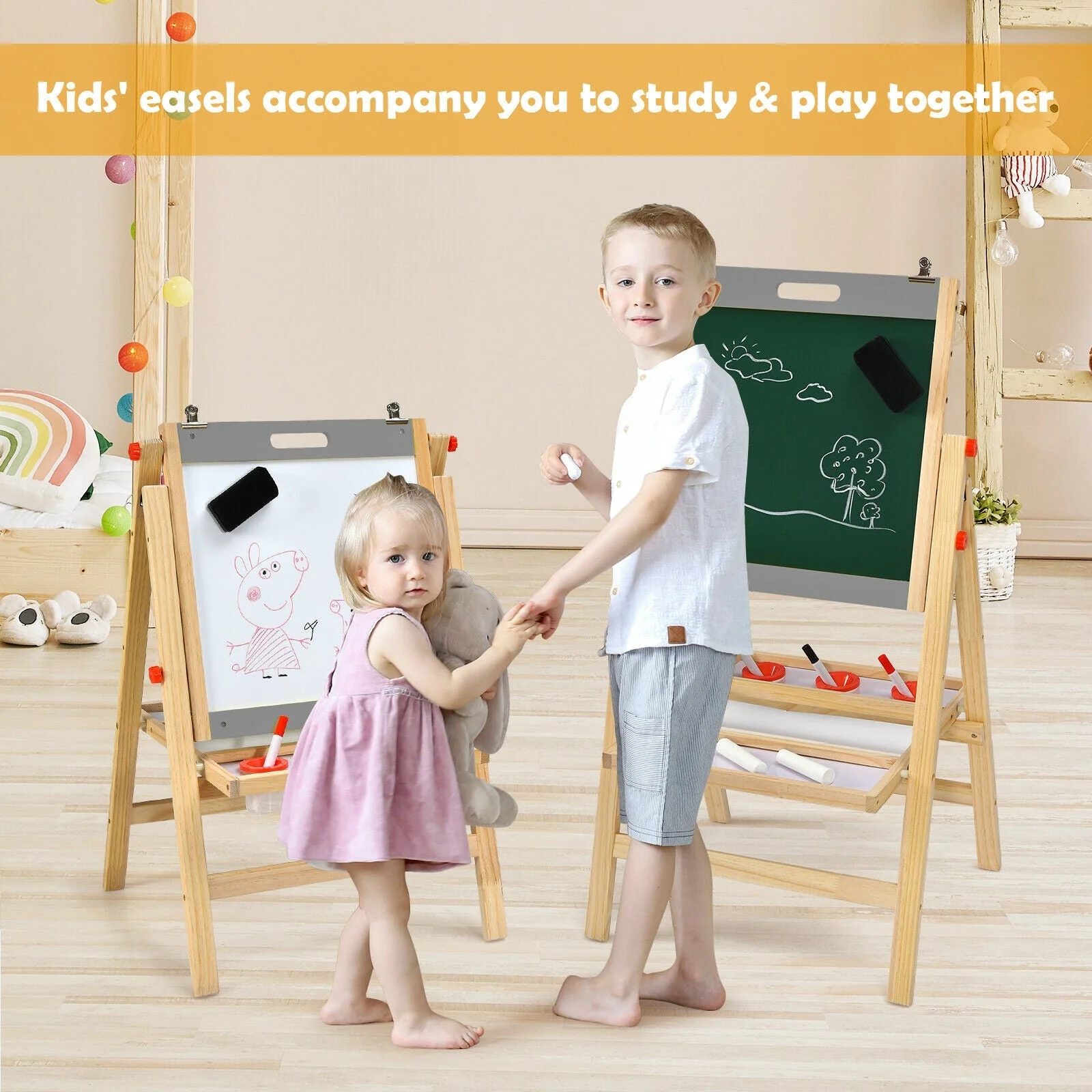 Kids Art Easel with Paper Roll Double Sided Chalkboard and Whiteboard-Gray - Image 6