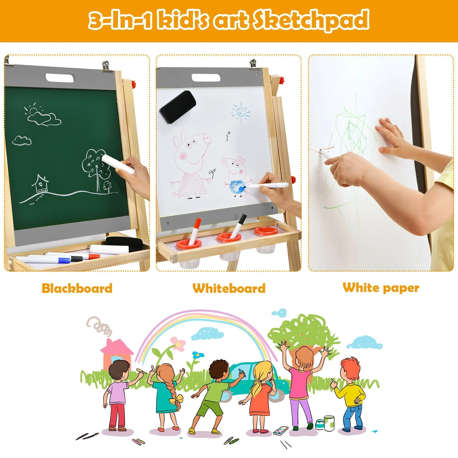 Kids Art Easel with Paper Roll Double Sided Chalkboard and Whiteboard-Gray - Image 7