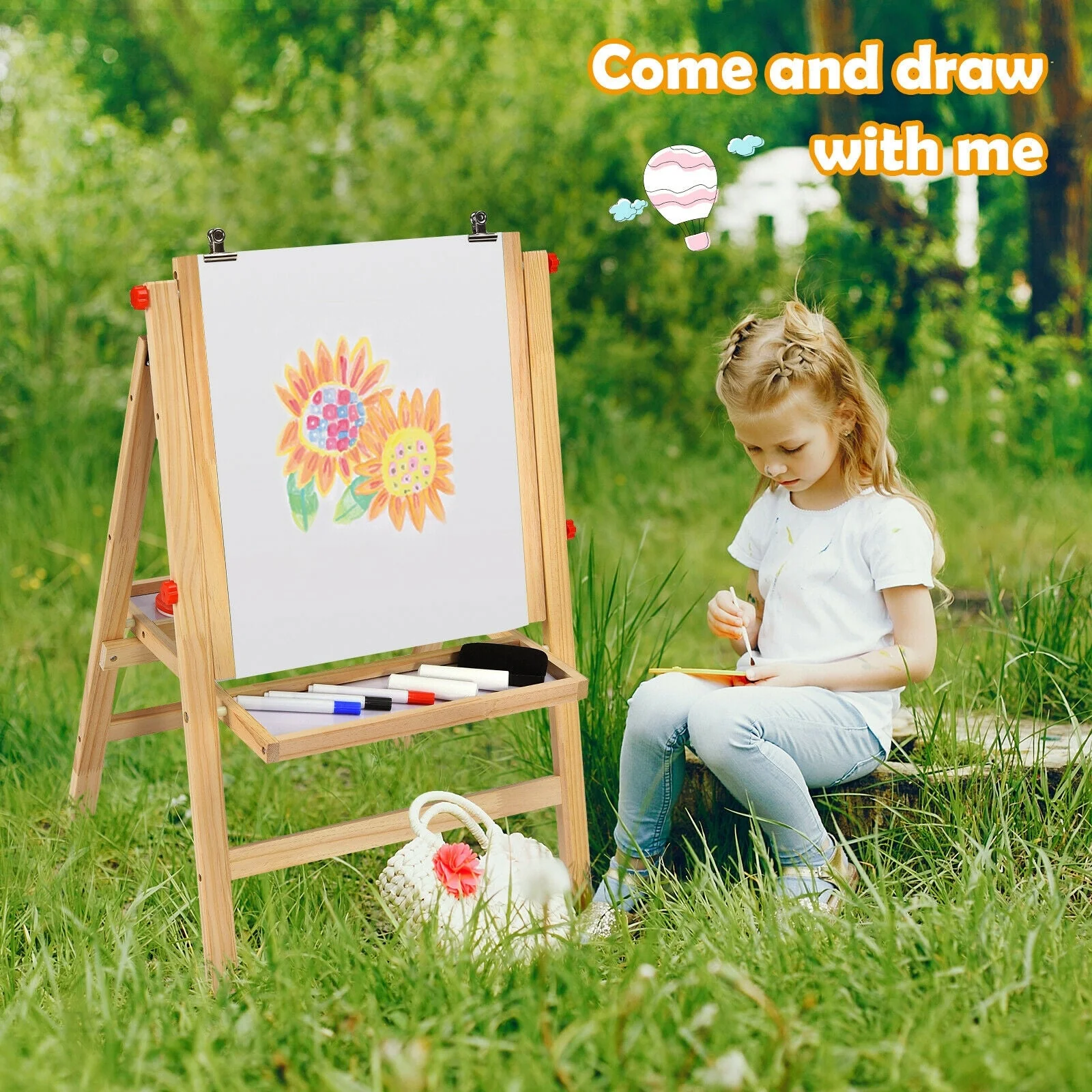 Kids Art Easel with Paper Roll Double Sided Chalkboard and Whiteboard-Gray - Image 8