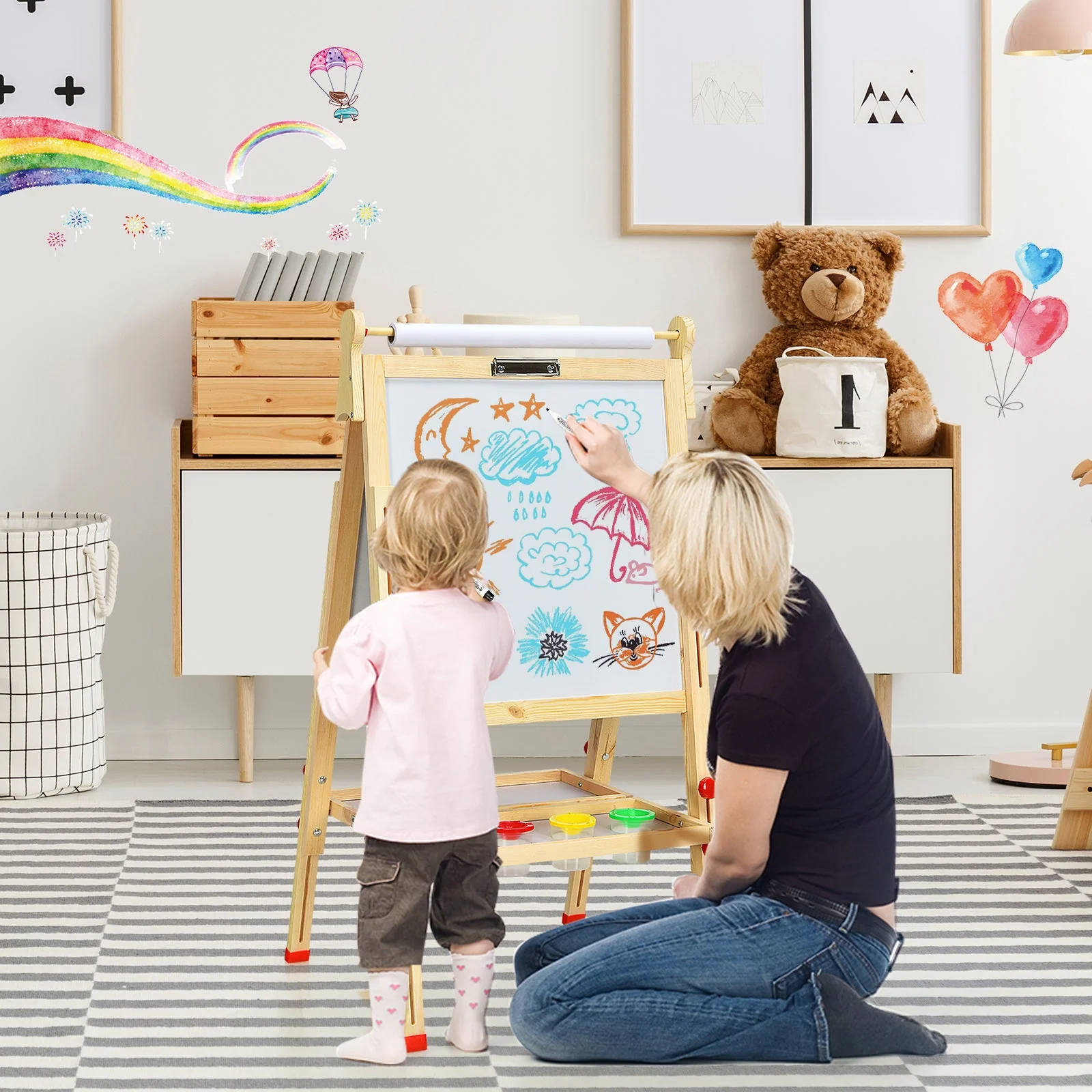 Kids Art Easel with Paper Roll Double-Sided Regulable Drawing Easel Plank - Image 2
