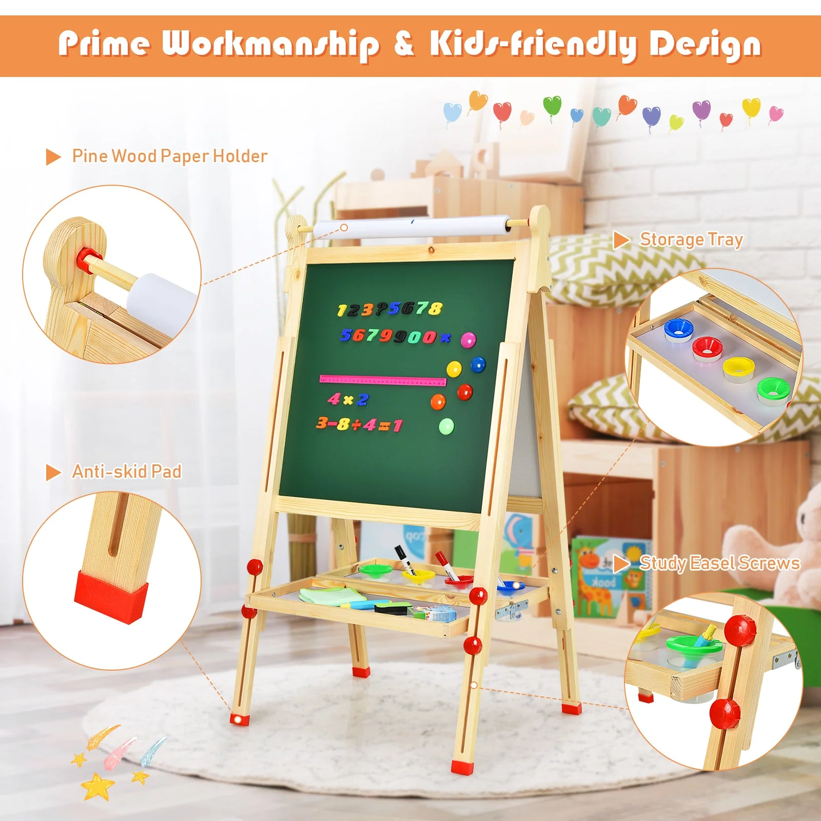 Kids Art Easel with Paper Roll Double-Sided Regulable Drawing Easel Plank - Image 6